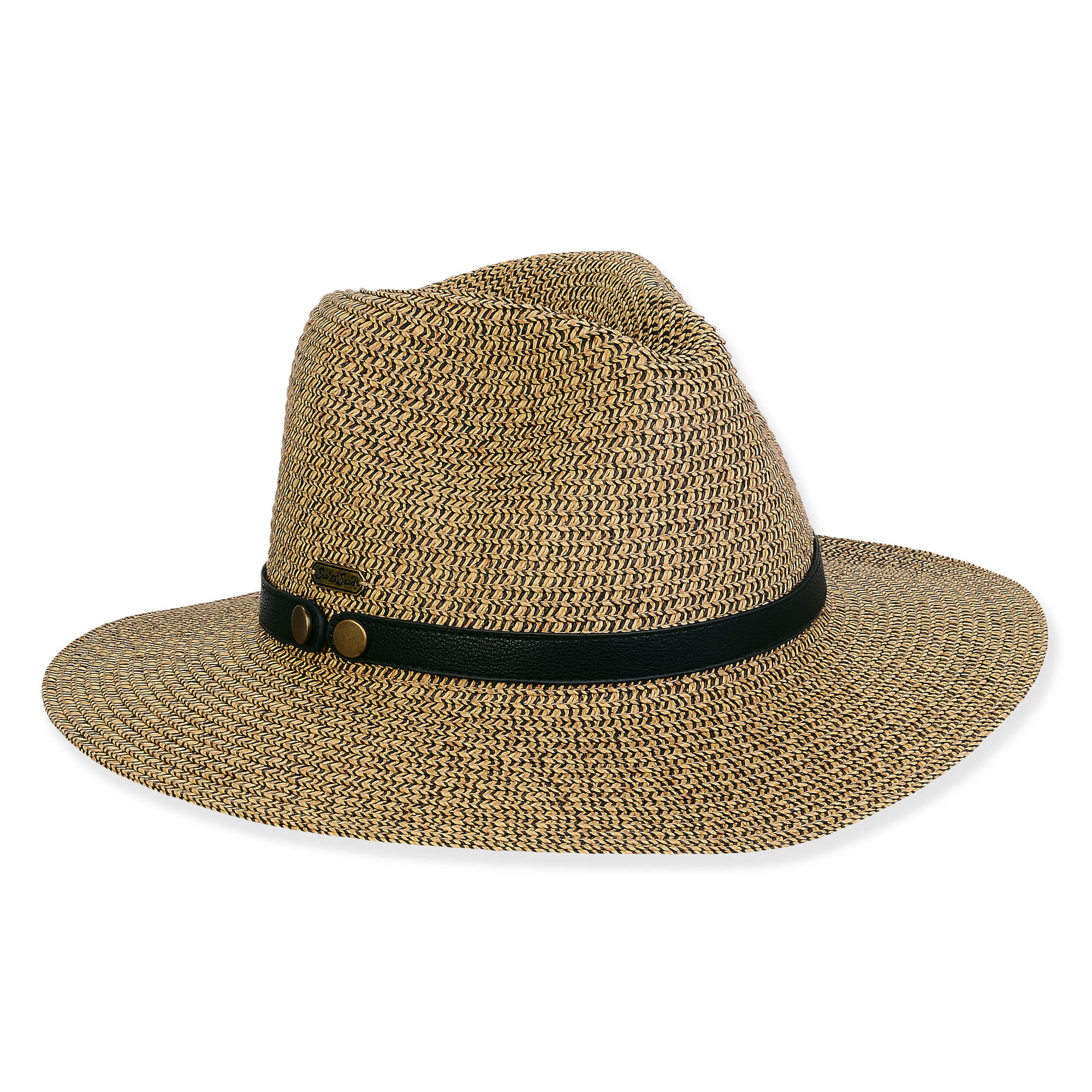 Three-quarter view of a tan marled woven straw fedora featuring a pinched crown and a black studded leather band.