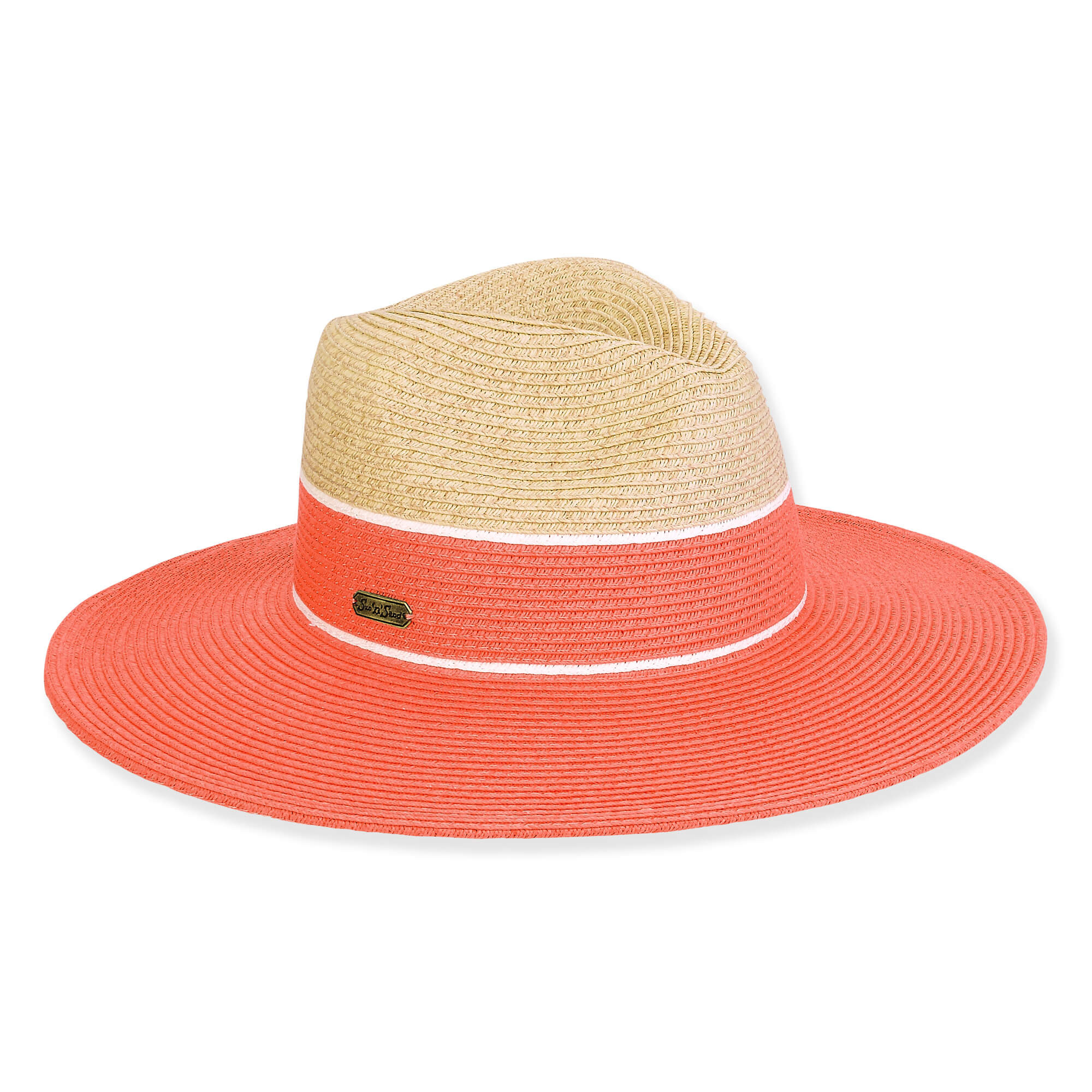 Three-quarter view of a color-block woven straw sun hat featuring a tan pinched crown and a coral wide brim.
