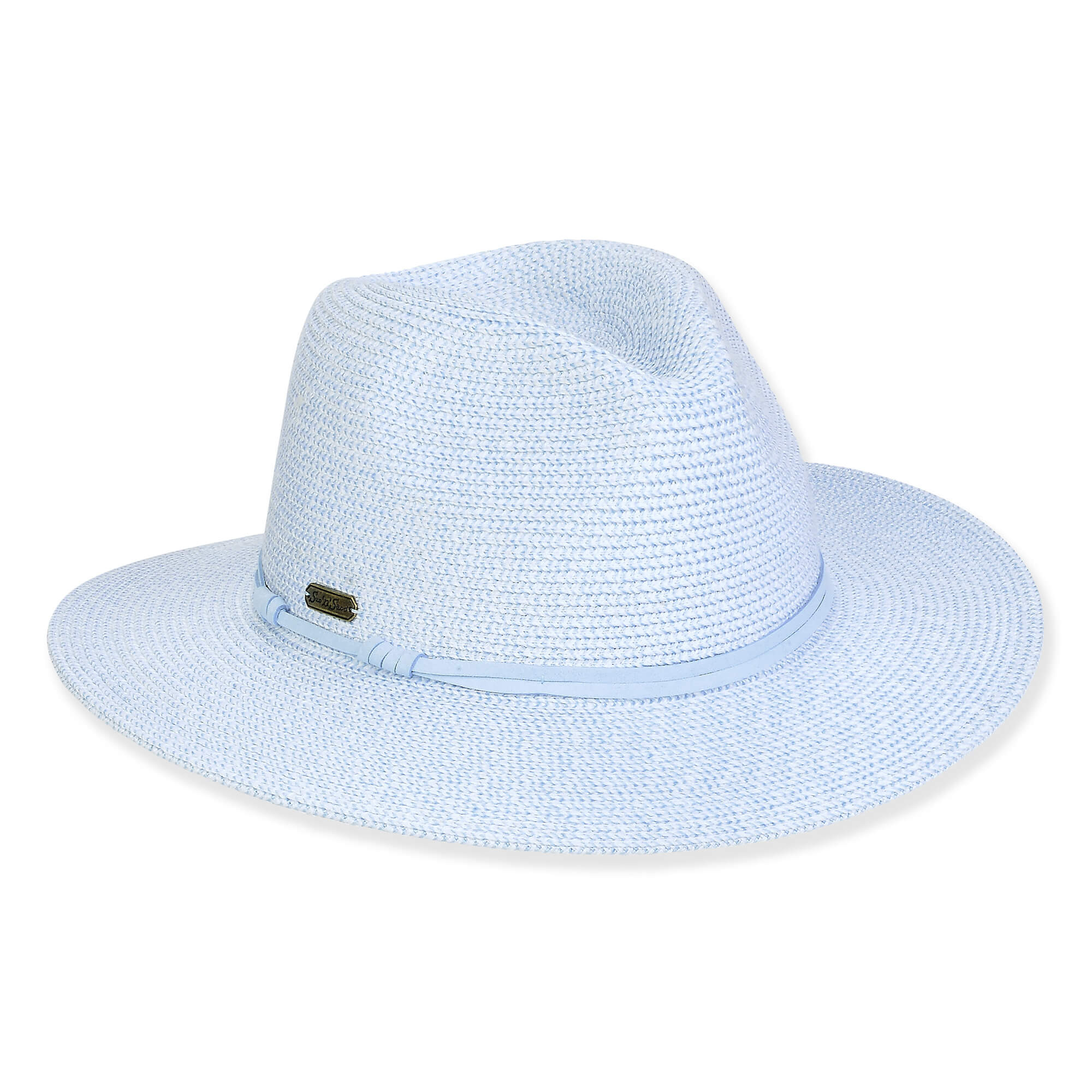 Three-quarter view of a light blue woven straw sun hat featuring a pinched crown and a matching slim cord band.