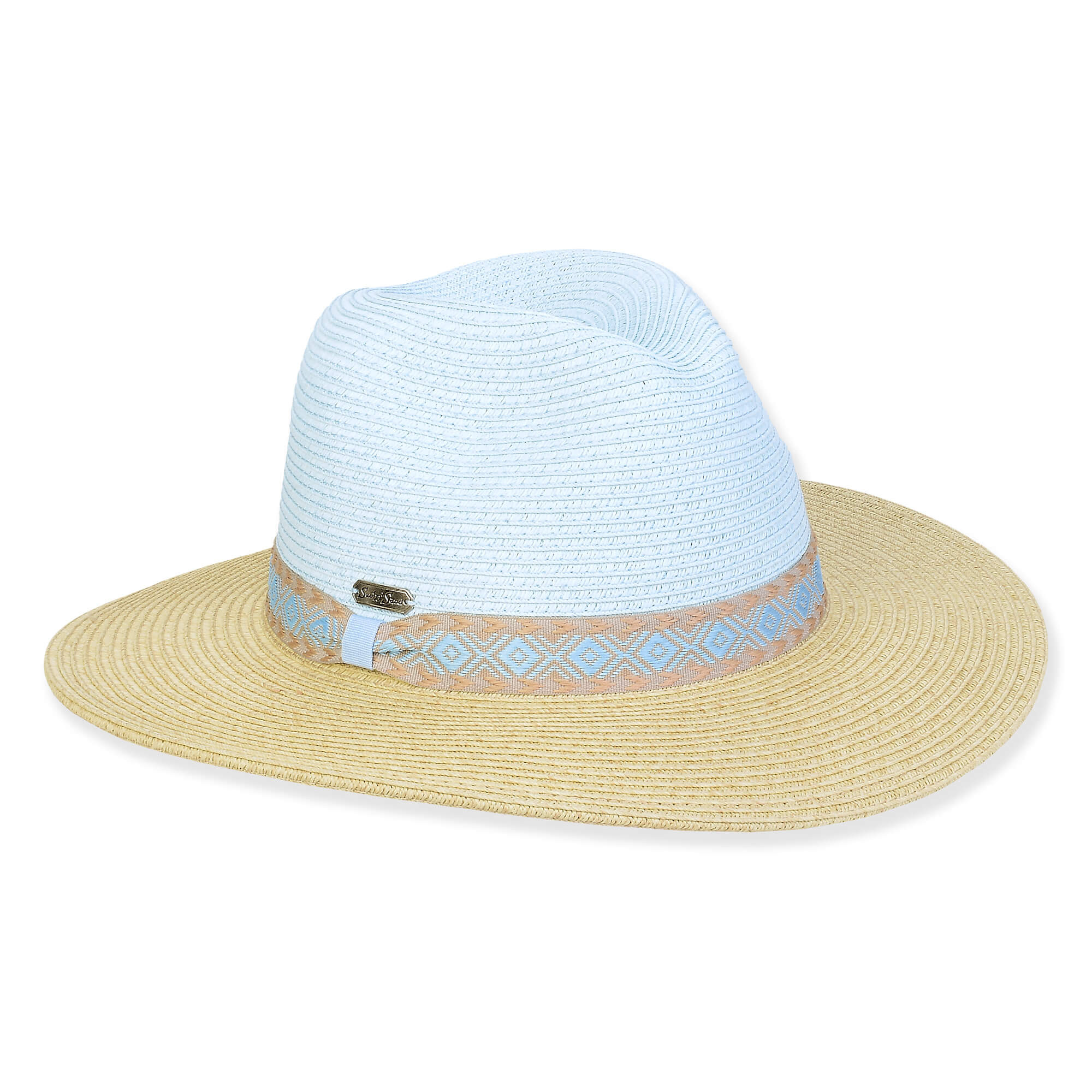 Three-quarter view of a color-block woven straw sun hat featuring a light blue pinched crown and a tan brim with a patterned band.