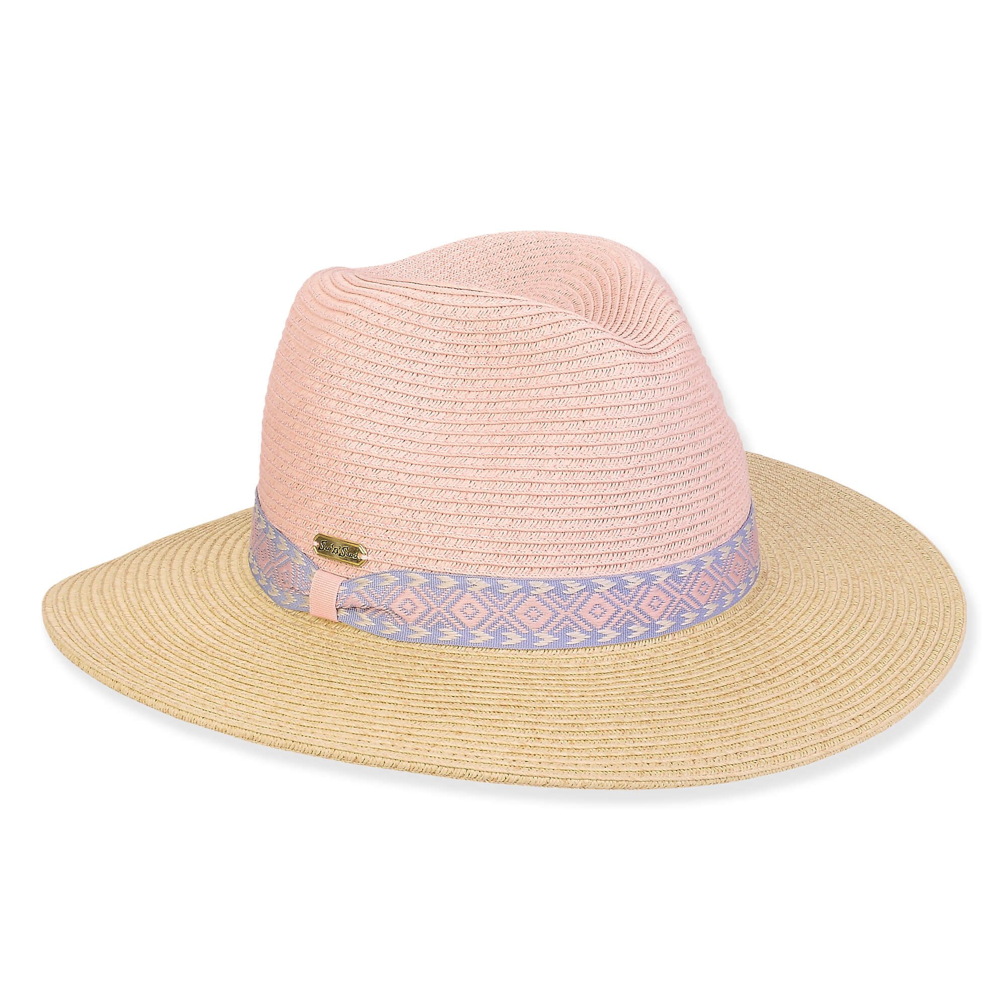 Three-quarter view of a color-block woven straw sun hat featuring a pink pinched crown and a tan brim with a patterned band.