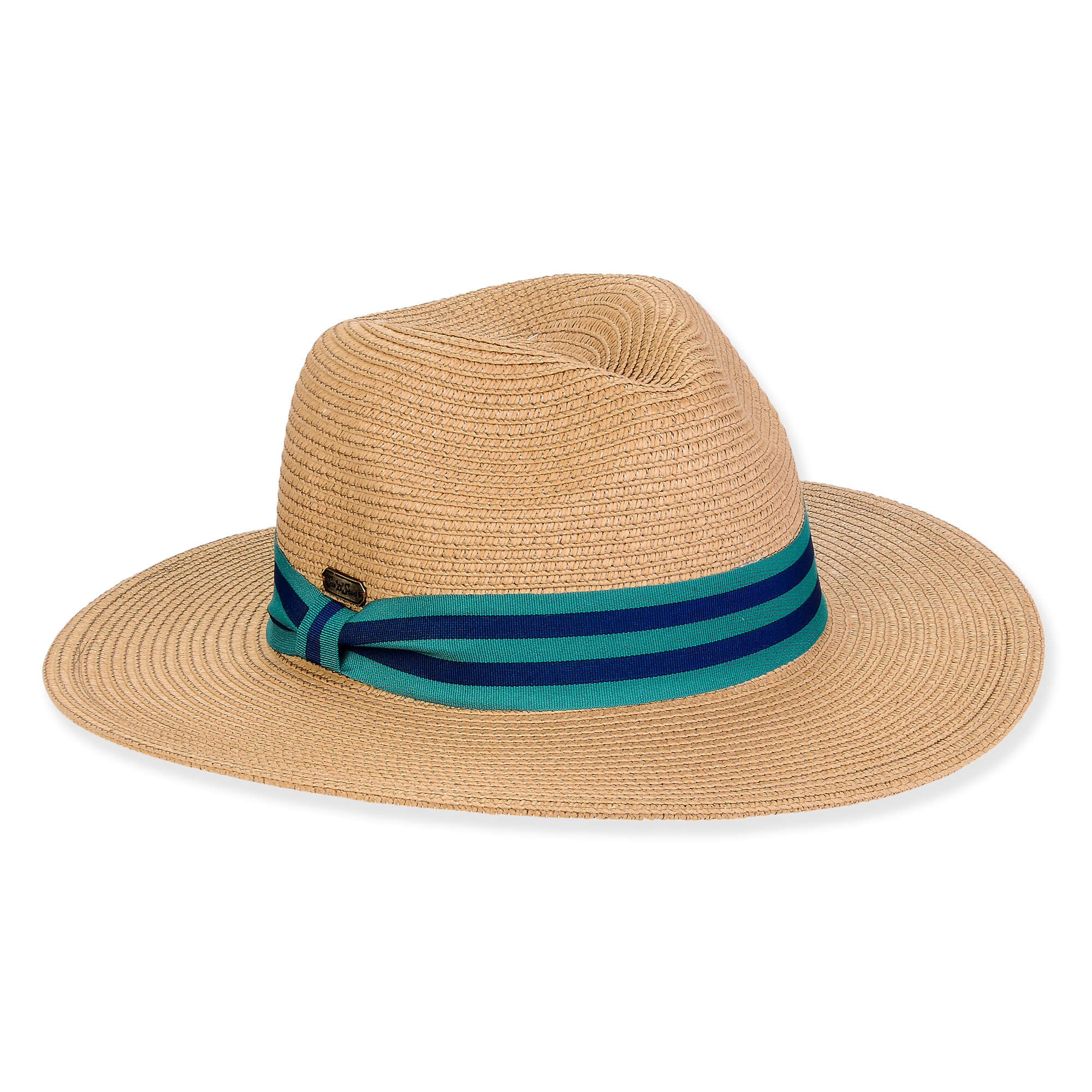 Three-quarter view of a tan woven straw sun hat featuring a pinched crown and a teal striped ribbon bow band.