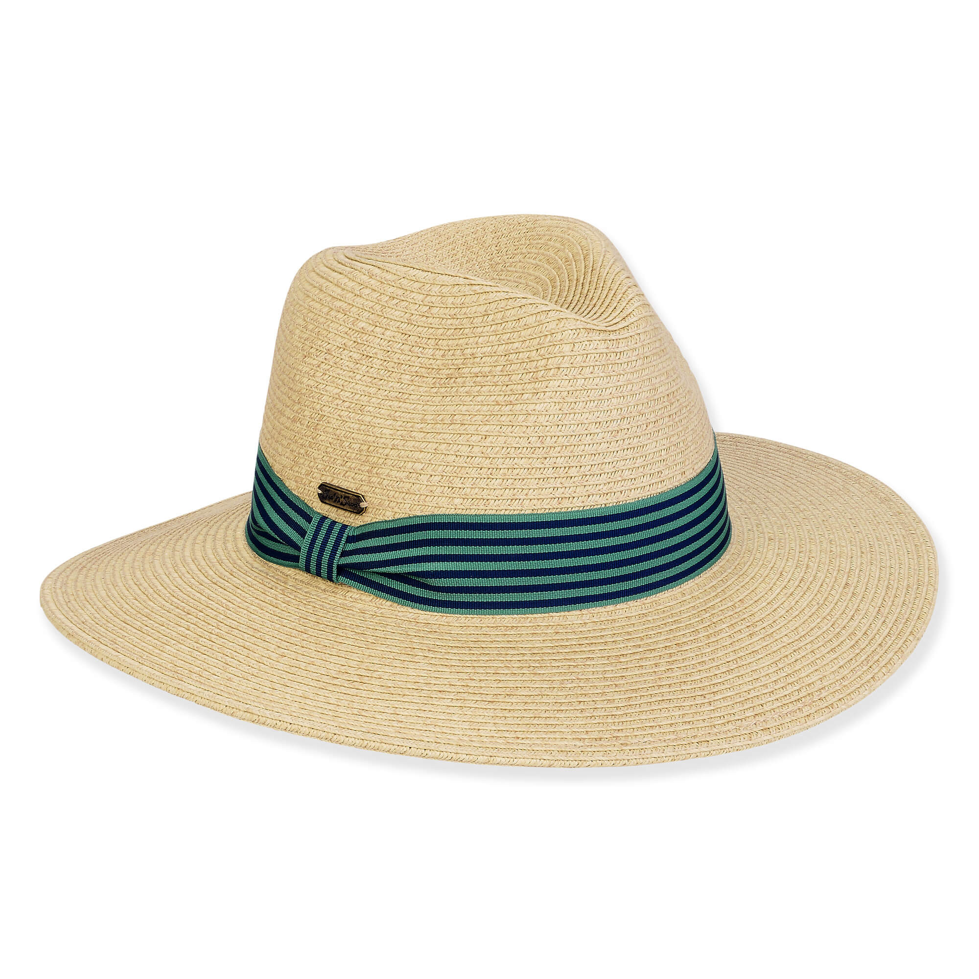 Three-quarter view of a tan woven straw sun hat featuring a pinched crown and a teal striped ribbon bow band.