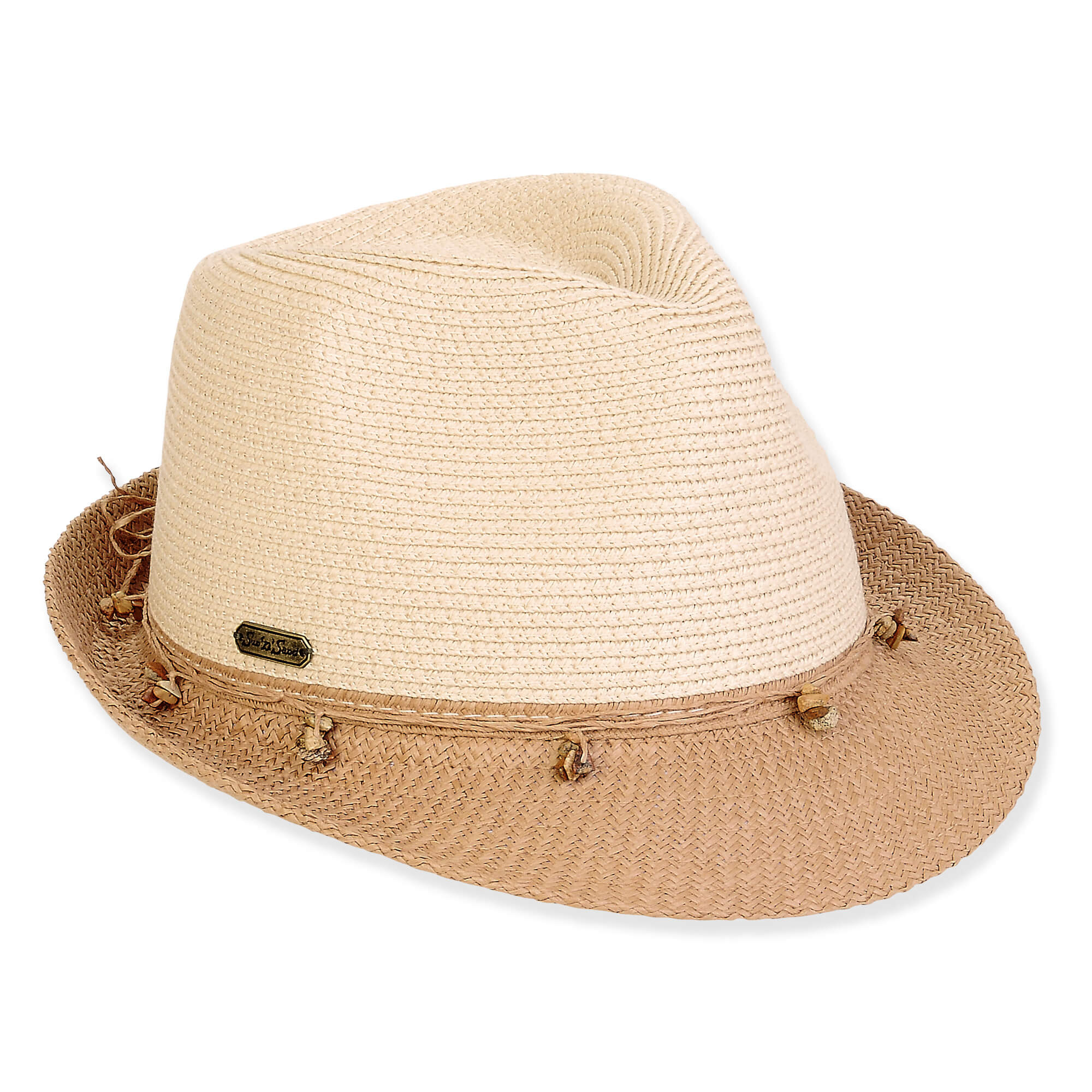 Three-quarter view of a color-block woven straw fedora featuring a white pinched crown and a tan brim with beaded cord trim.