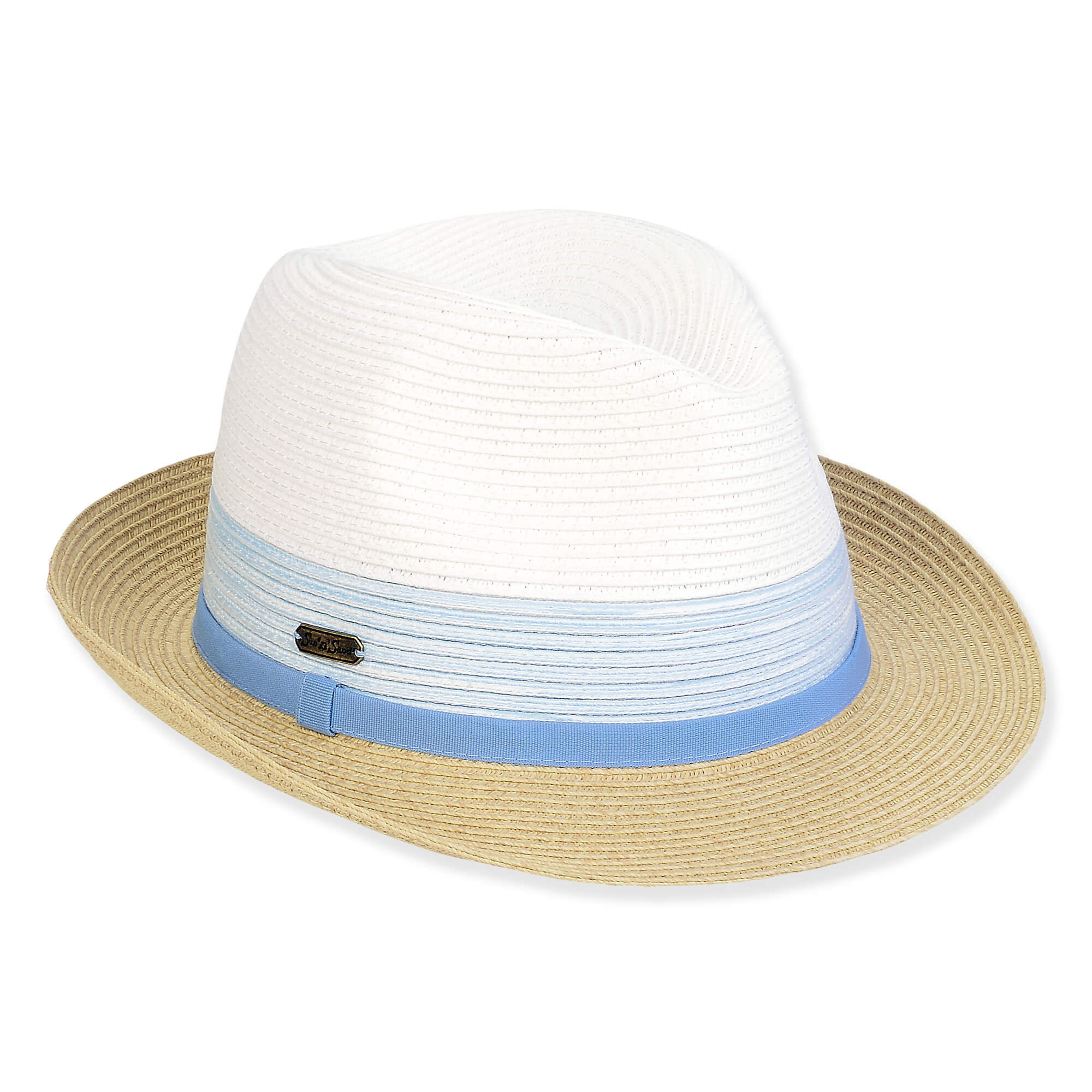 Three-quarter view of a color-block woven straw fedora featuring a white pinched crown, blue band, and tan brim.