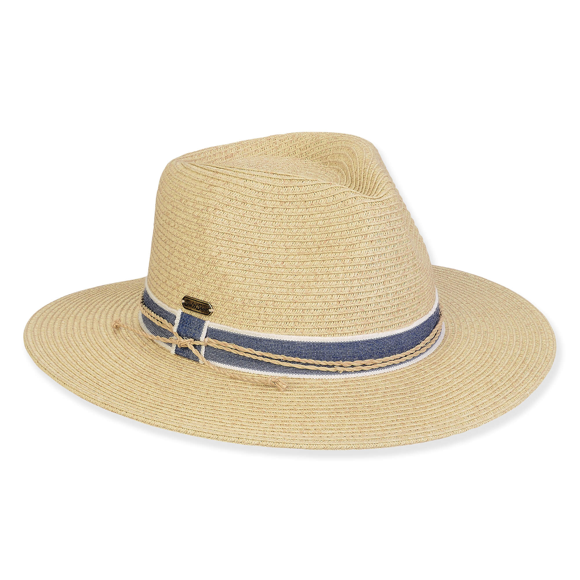 Three-quarter view of a tan woven straw sun hat featuring a pinched crown and a blue fabric band with rope detail.