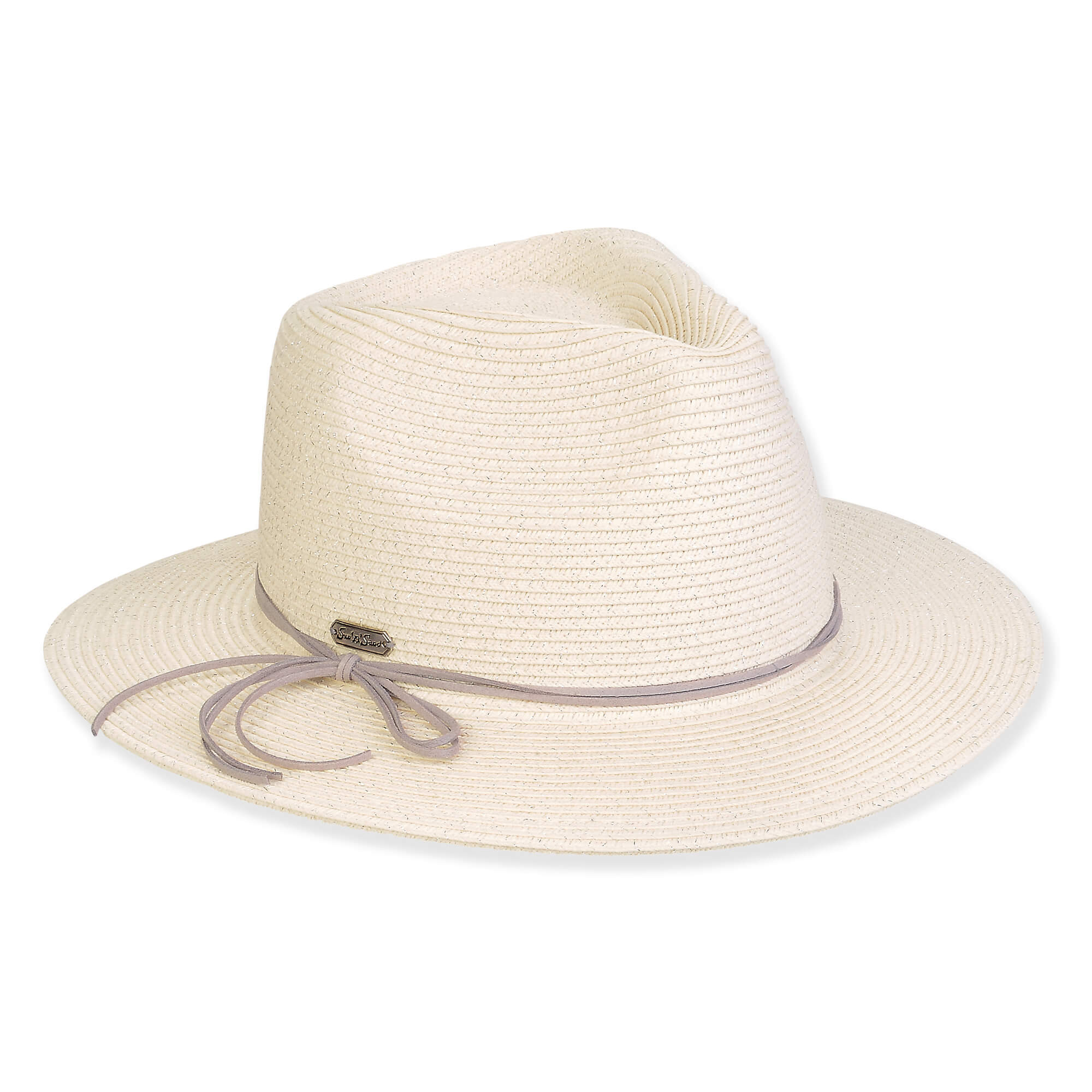 Three-quarter view of a white woven straw sun hat featuring a pinched crown and a thin grey corded bow band.