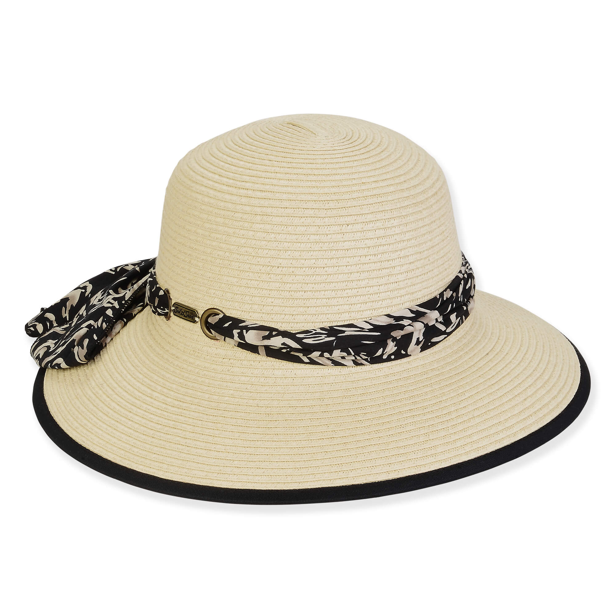 Three-quarter view of a cream woven straw sun hat featuring a rounded crown and a floral print fabric scarf band.