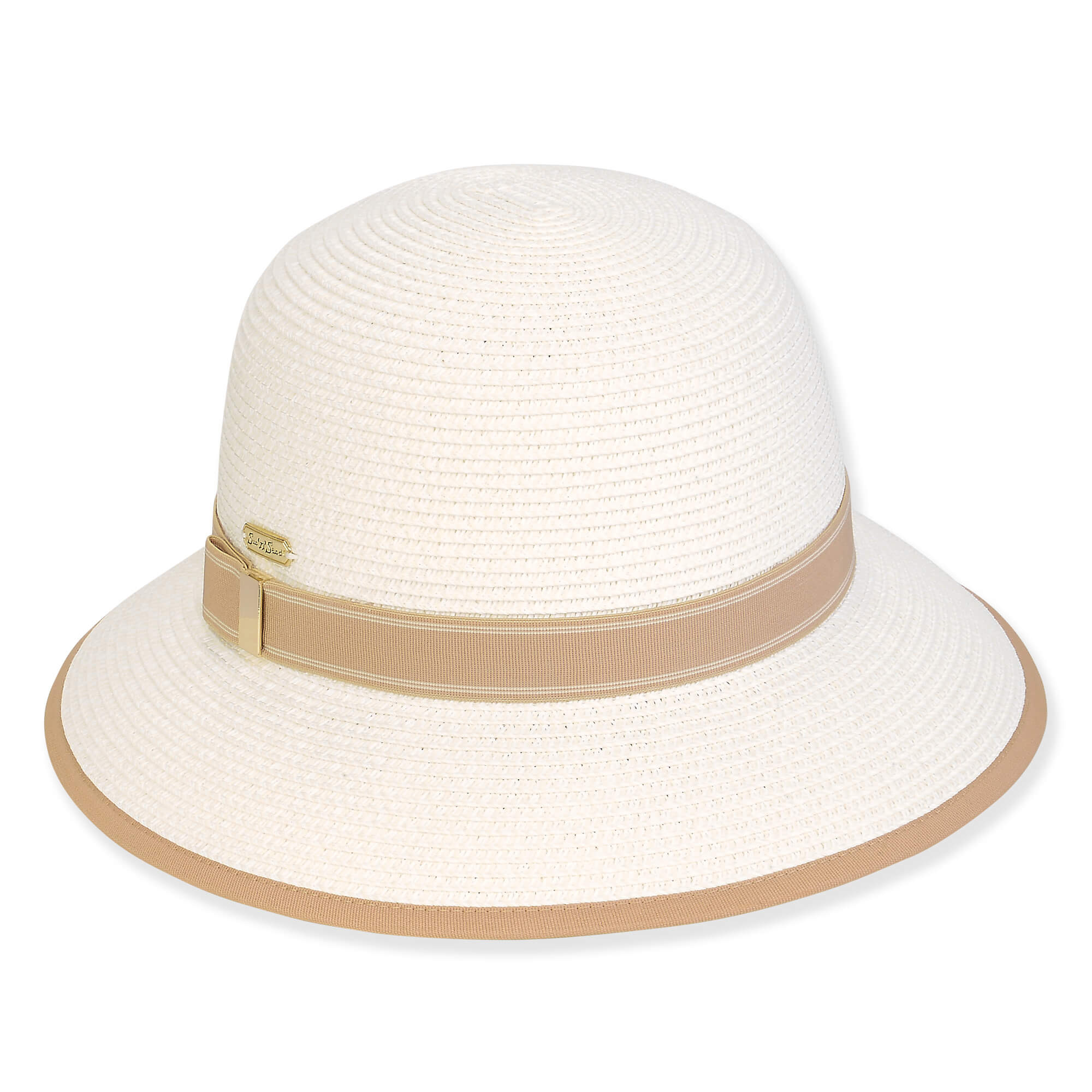 Three-quarter view of a white woven straw sun hat featuring a rounded crown and a tan striped ribbon band.