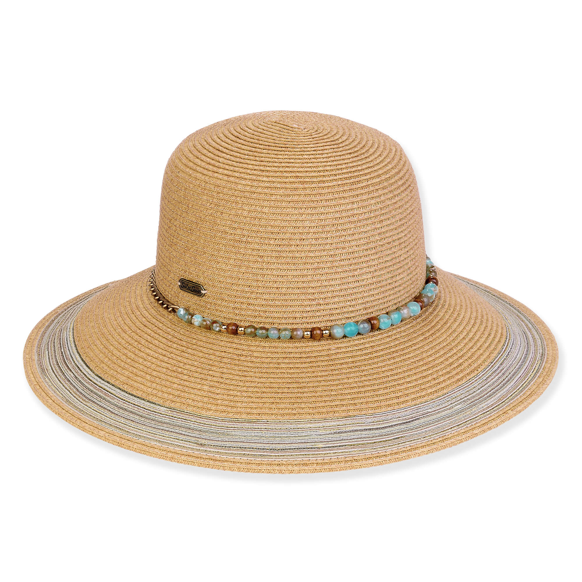 Three-quarter view of a tan woven straw sun hat featuring a wide brim with white stripes and a turquoise beaded band.