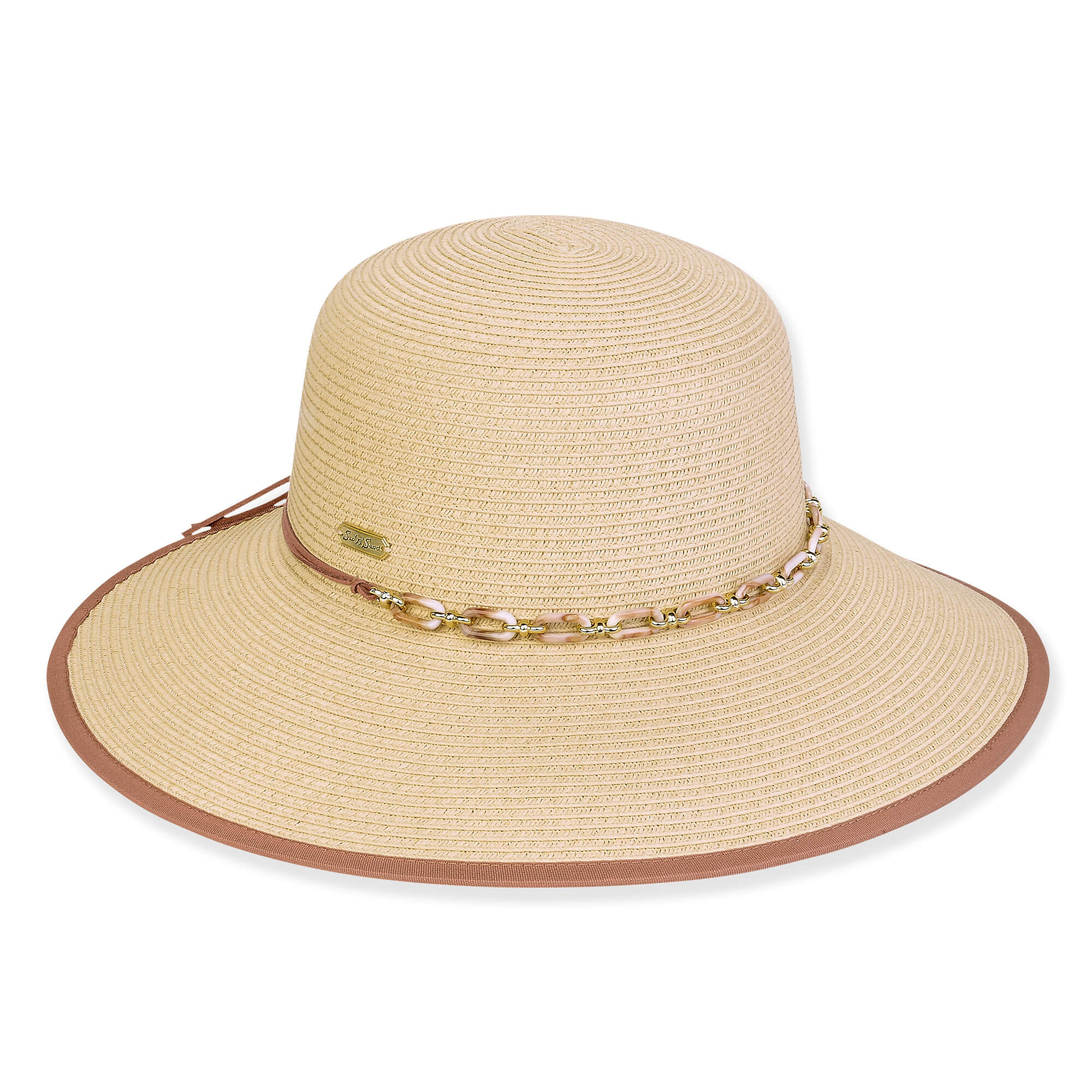 Three-quarter view of a white woven straw sun hat featuring a rounded crown and a tan ribbon band with a side bow.