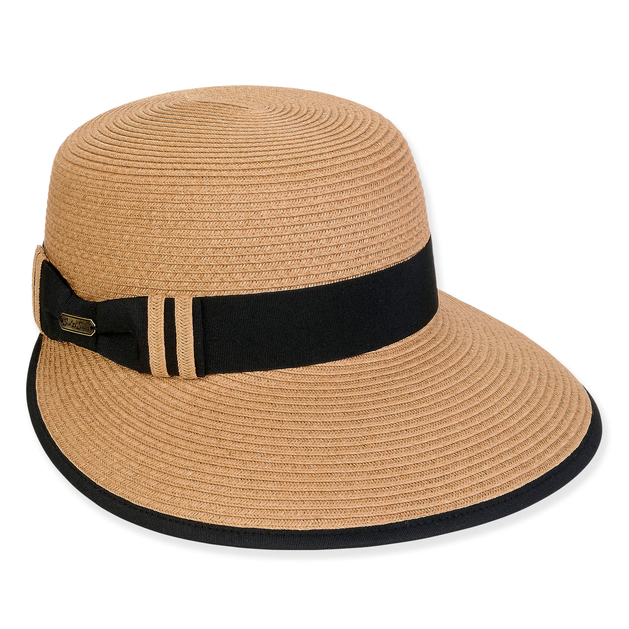 Three-quarter view of a tan woven straw sun hat featuring a rounded crown and a contrasting black fabric band.