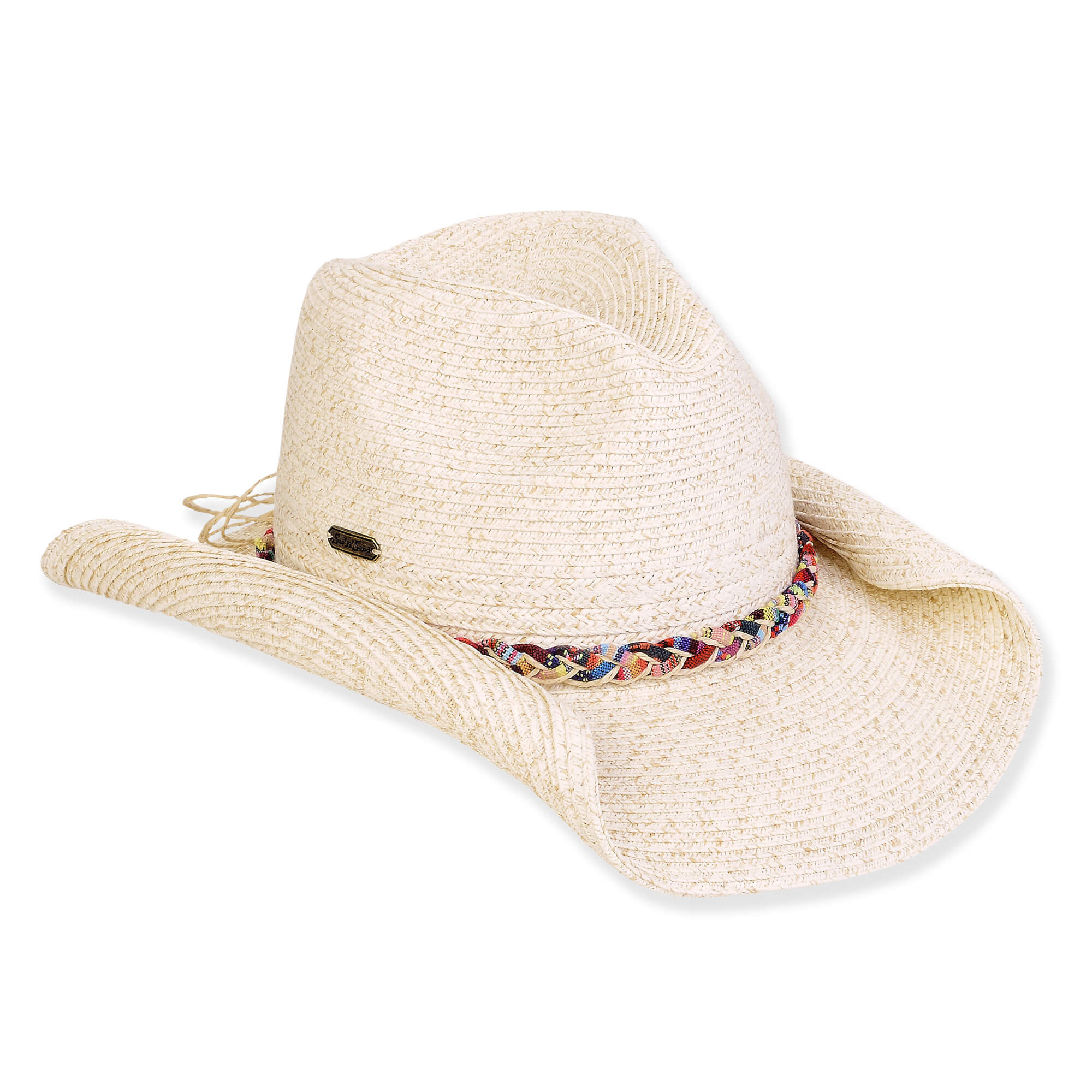 Three-quarter view of a cream paper straw cowboy hat featuring a soft curved brim and a multi-colored braided band.