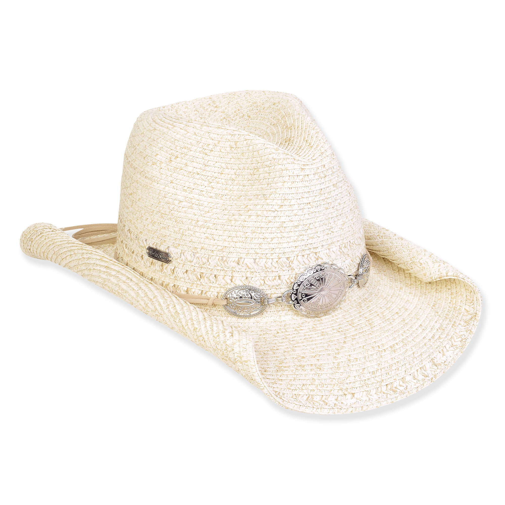 Three-quarter view of a cream woven straw cowboy hat featuring a curved brim and a decorative silver concho band.