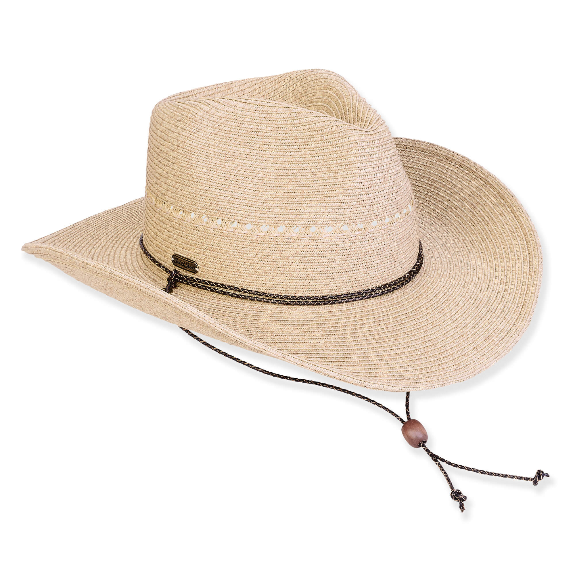 Three-quarter view of a tan woven straw cowboy hat featuring white whipstitch detailing and an adjustable dark chin cord.