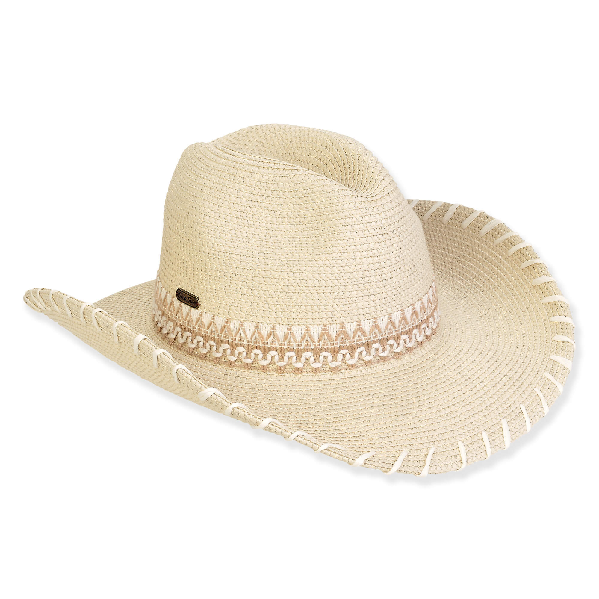 Three-quarter view of a cream woven straw cowboy hat featuring white whipstitch brim detailing and a decorative patterned band.