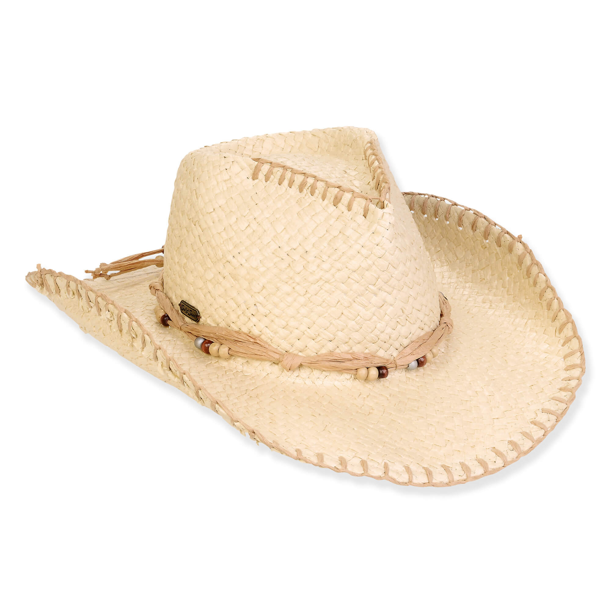 Three-quarter view of a cream crochet straw cowboy hat featuring a ventilated crown and a decorative beaded band.