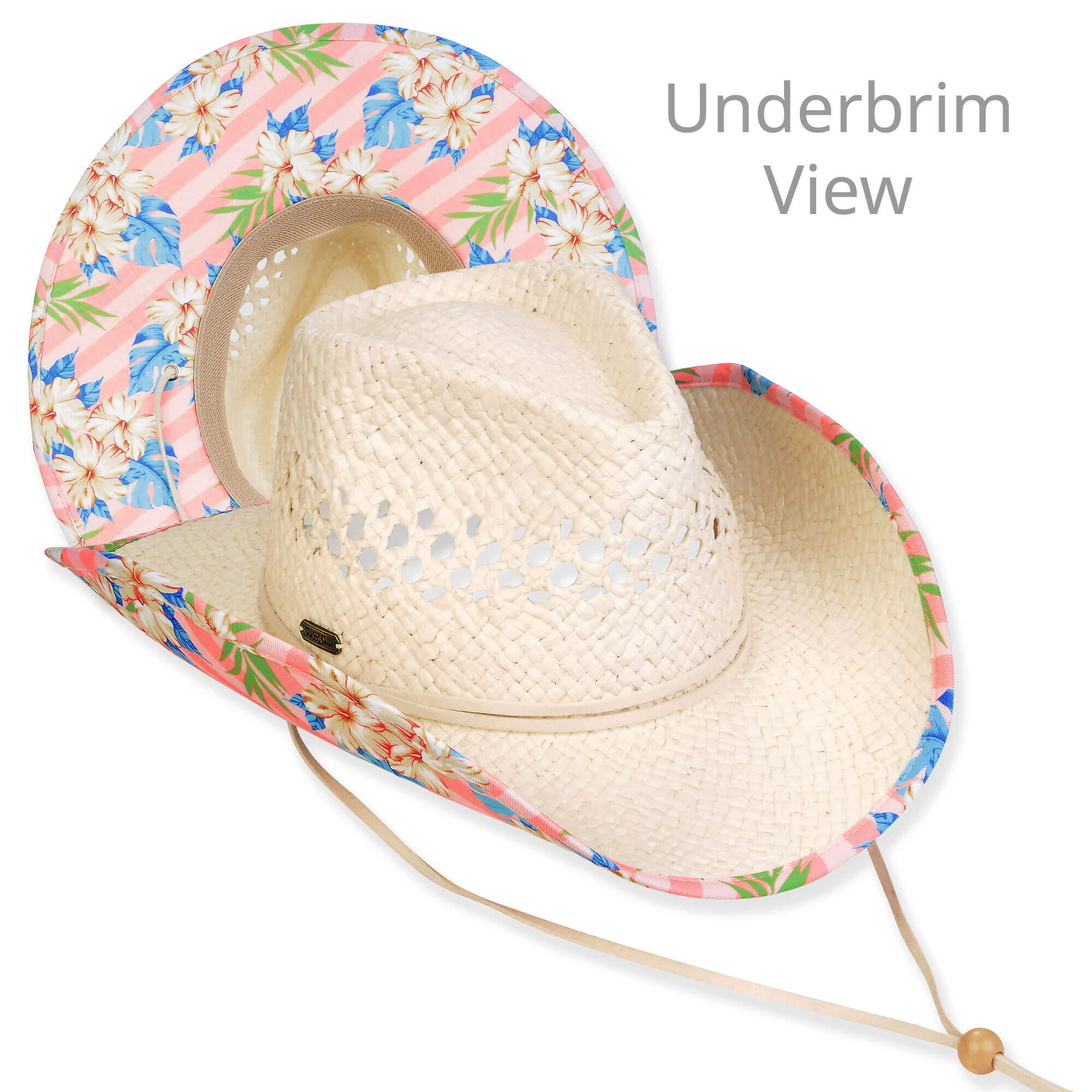Three-quarter and underbrim views of a cream straw cowboy hat featuring a tropical floral and striped print lining.