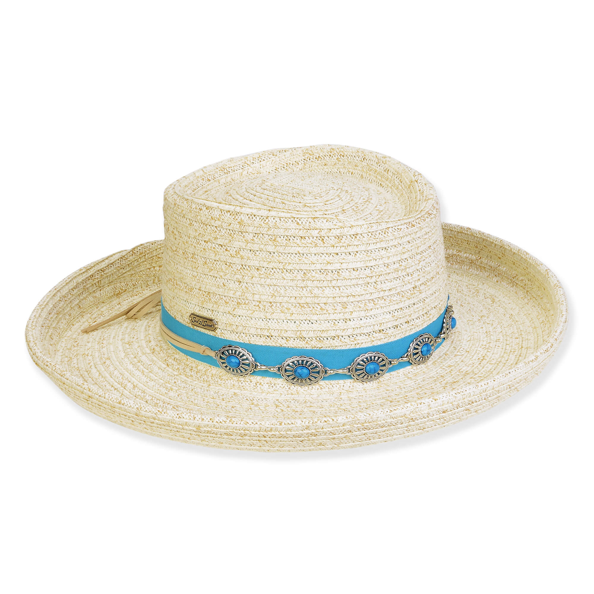 Three-quarter view of a cream woven straw boater hat featuring a turquoise band adorned with silver and turquoise conchos.