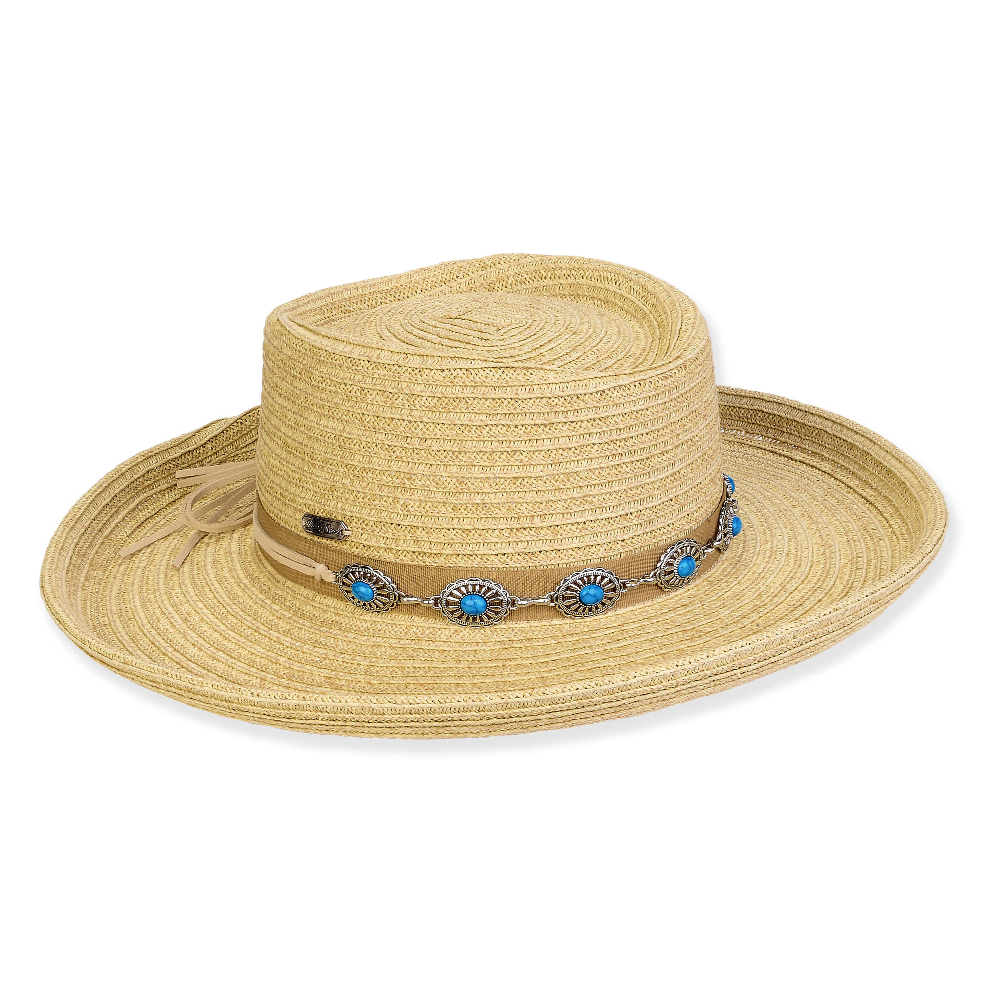 Three-quarter view of a tan woven straw boater hat featuring a brown band adorned with silver and turquoise conchos.