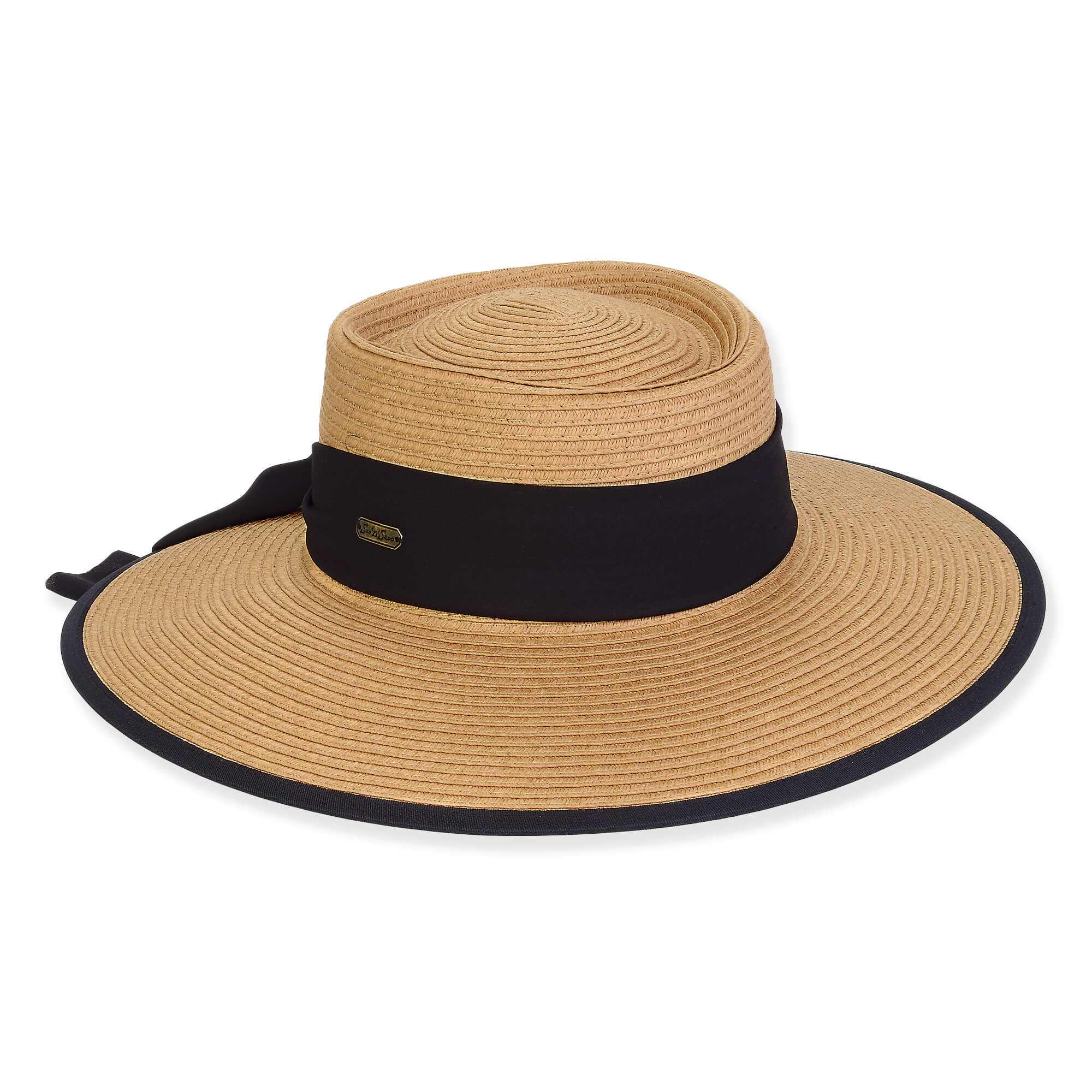 Three-quarter view of a tan woven straw boater hat featuring a wide black ribbon band and a matching black-edged brim.