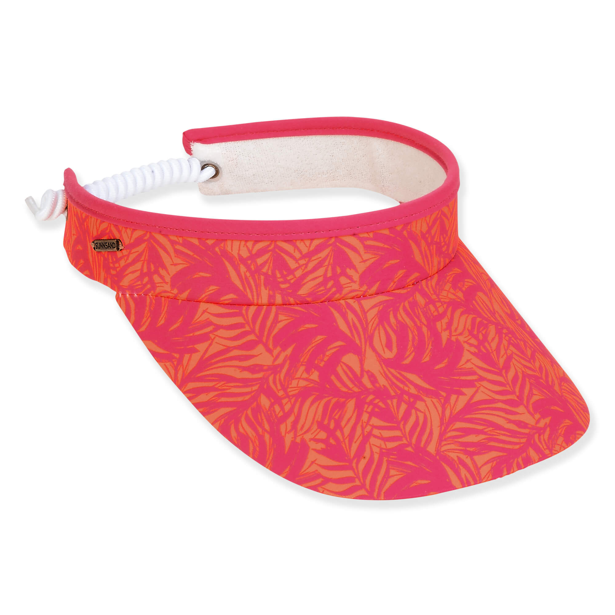 Three-quarter view of a pink and orange tropical leaf print sun visor with a white coiled elastic strap.