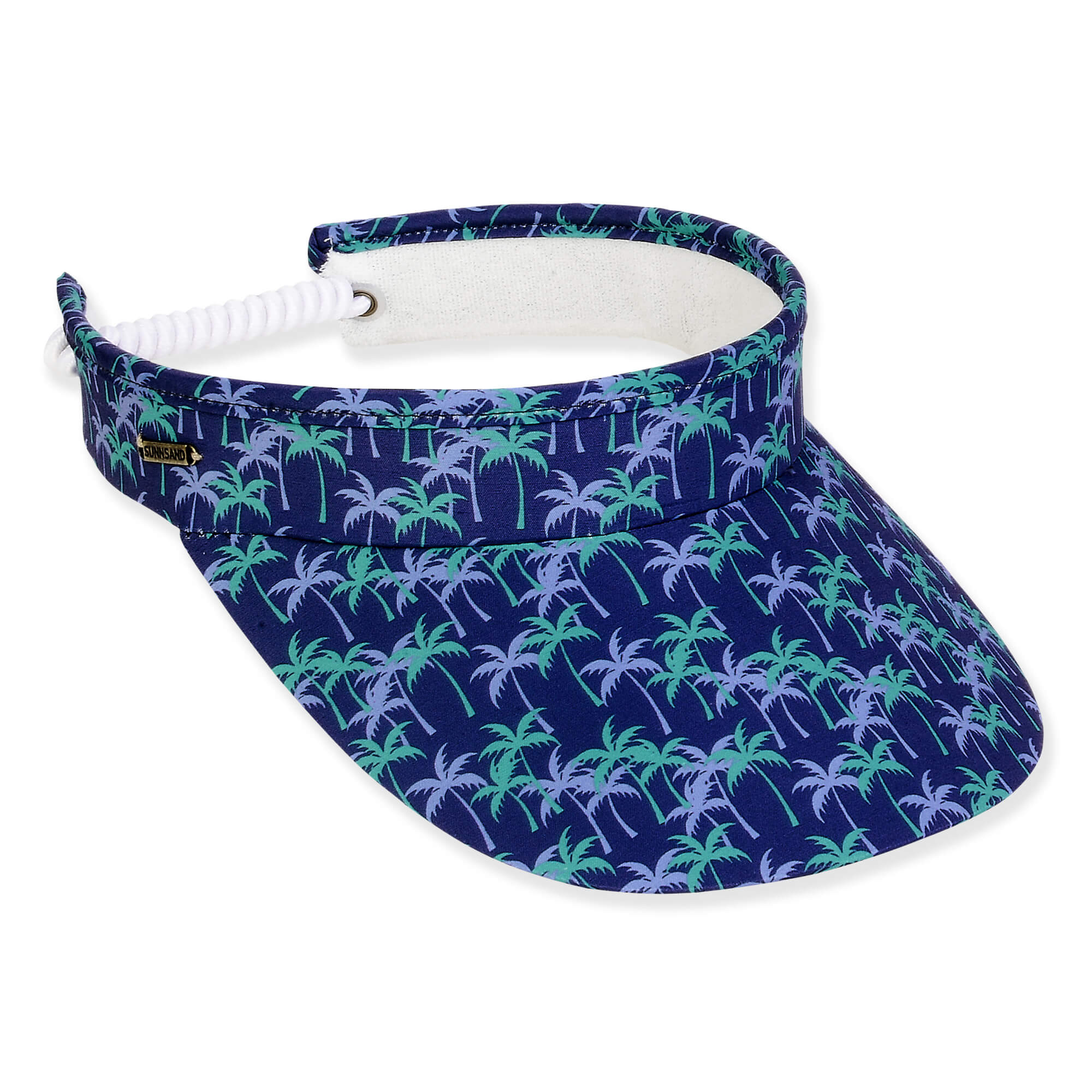 Three-quarter view of a navy blue sun visor with a teal palm tree print and white coiled elastic strap.