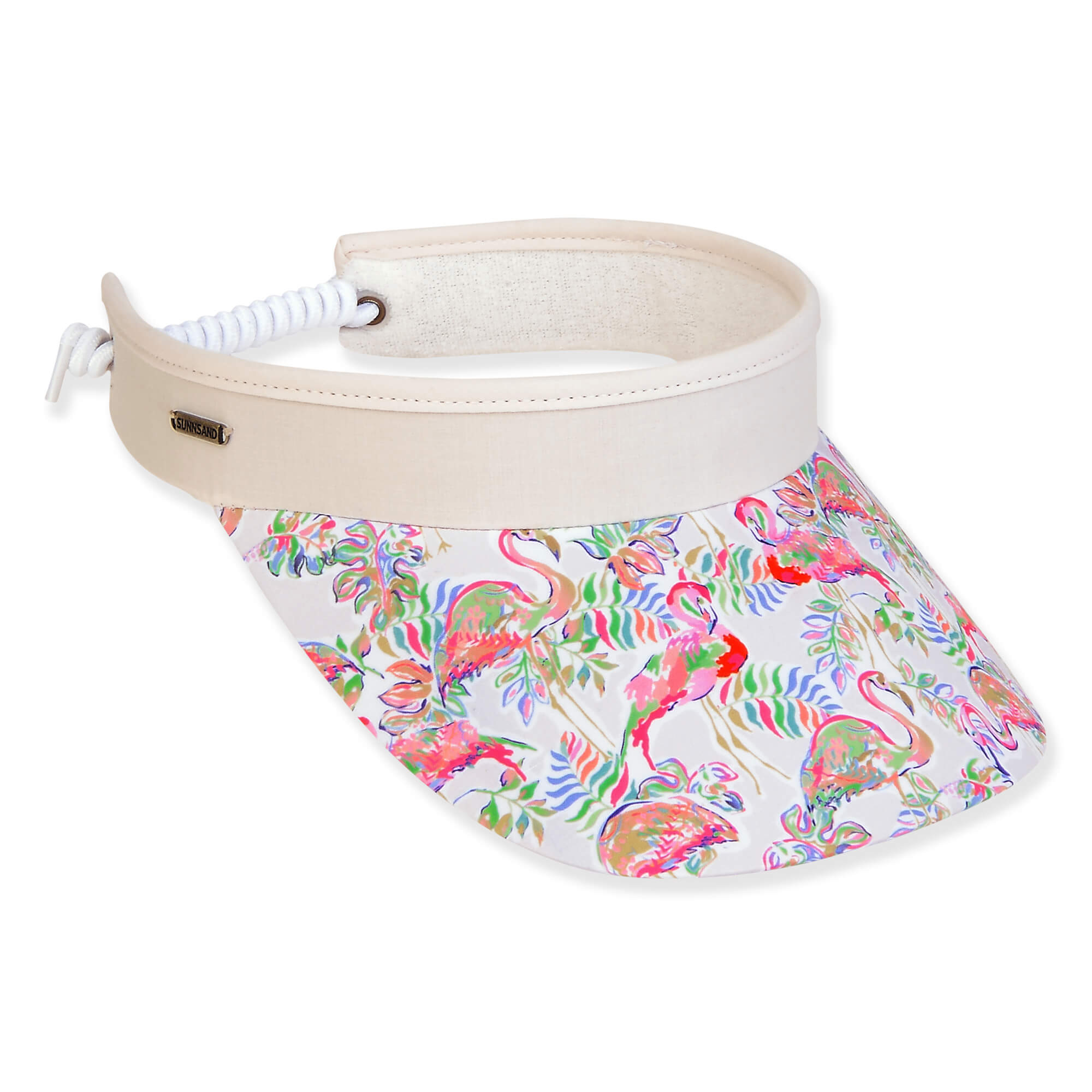 Three-quarter view of a cream sun visor with a colorful flamingo print brim and white coiled elastic strap.