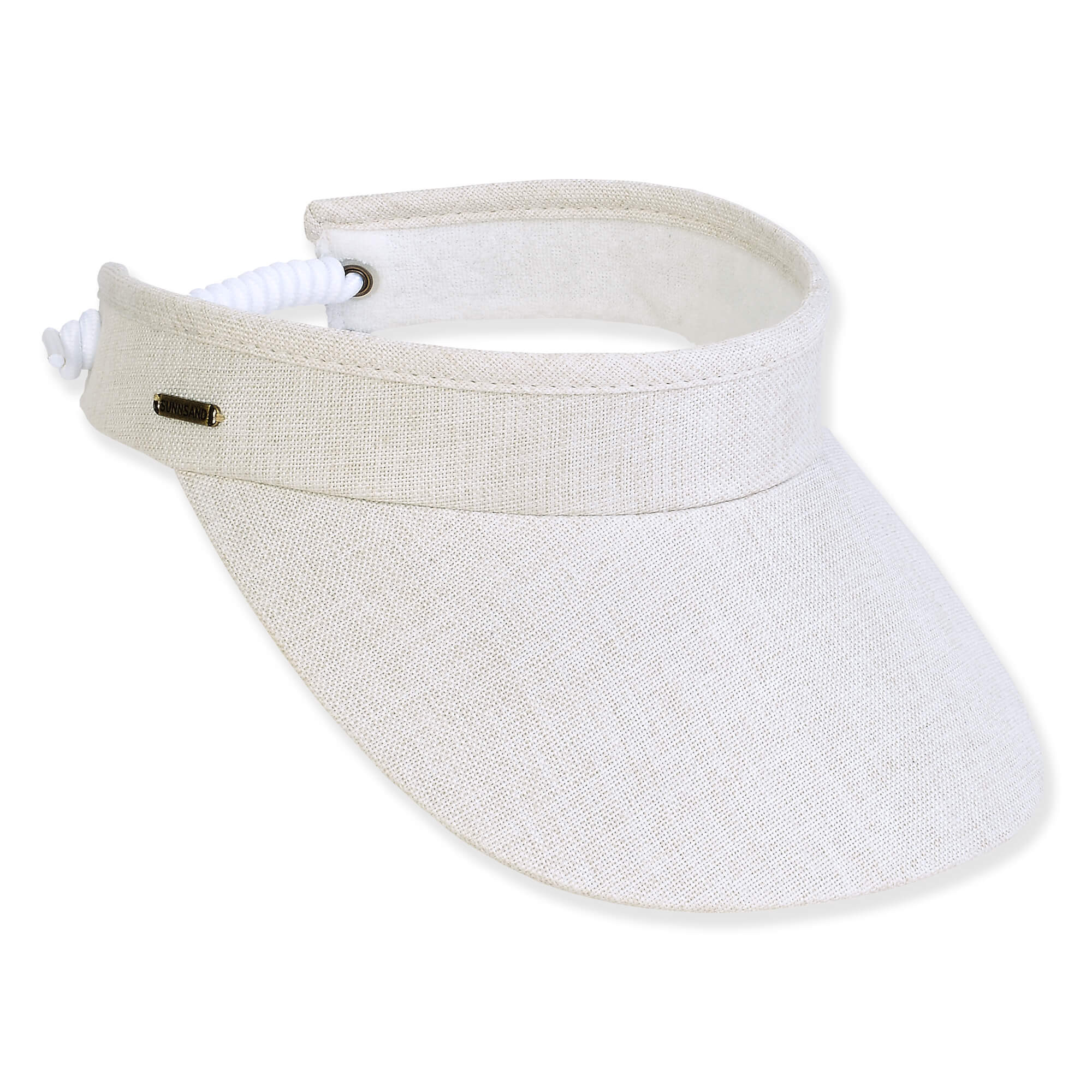Three-quarter view of a white linen-textured sun visor featuring a wide brim and white coiled elastic back strap.