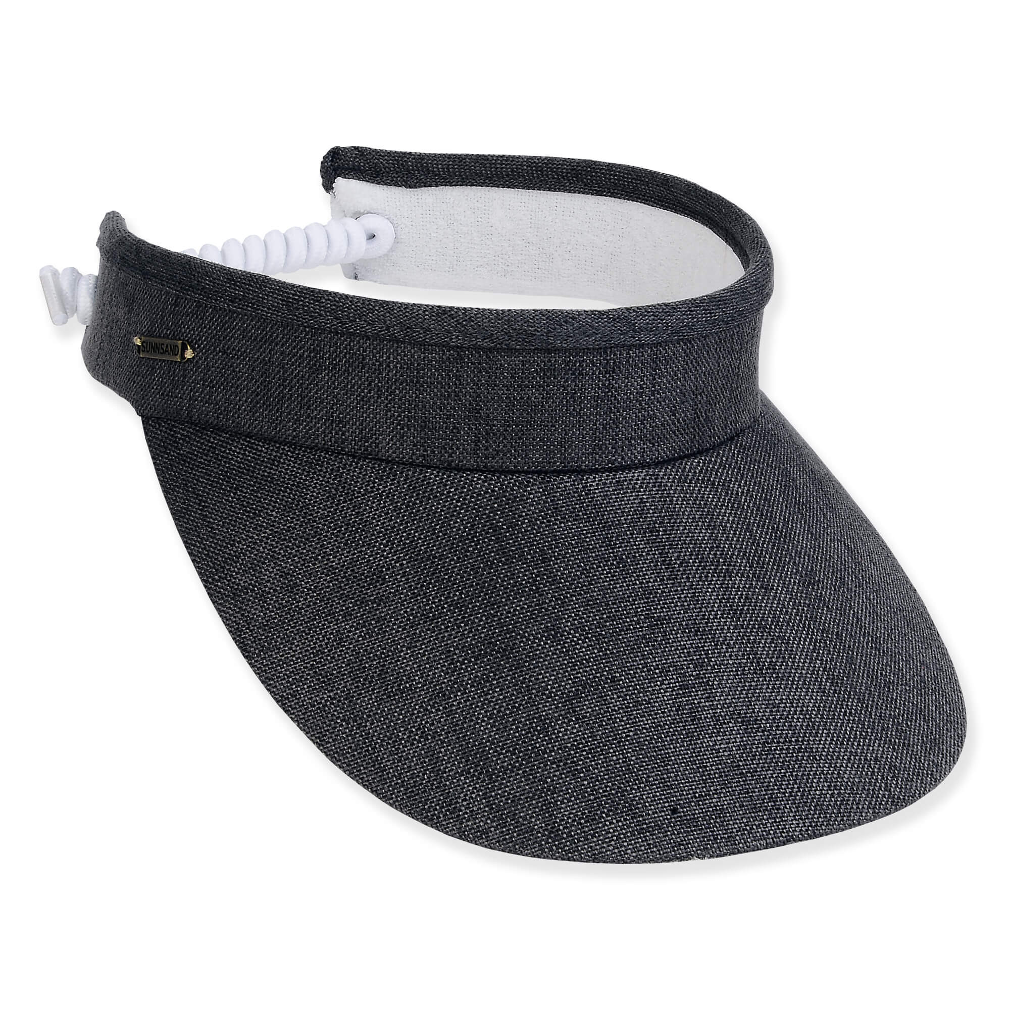Three-quarter view of a charcoal gray linen-textured sun visor featuring a wide brim and white coiled elastic back strap.
