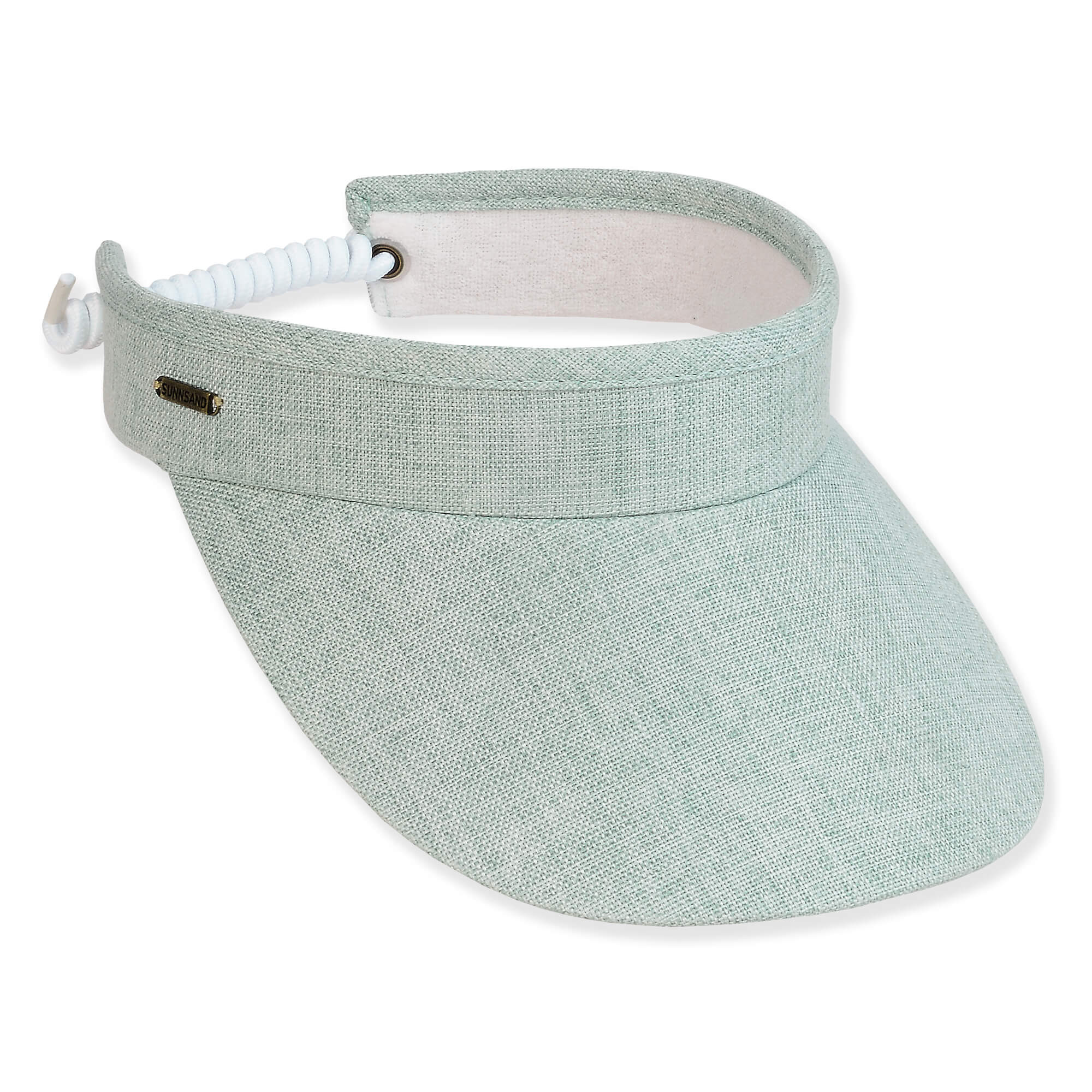 Three-quarter view of a sage green linen-textured sun visor featuring a wide brim and white coiled elastic back strap.