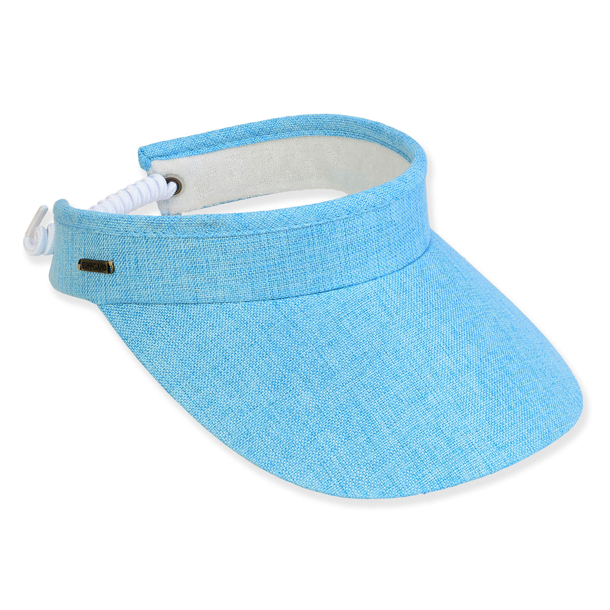 Three-quarter view of a light blue linen-textured sun visor featuring a wide brim and white coiled elastic back strap.