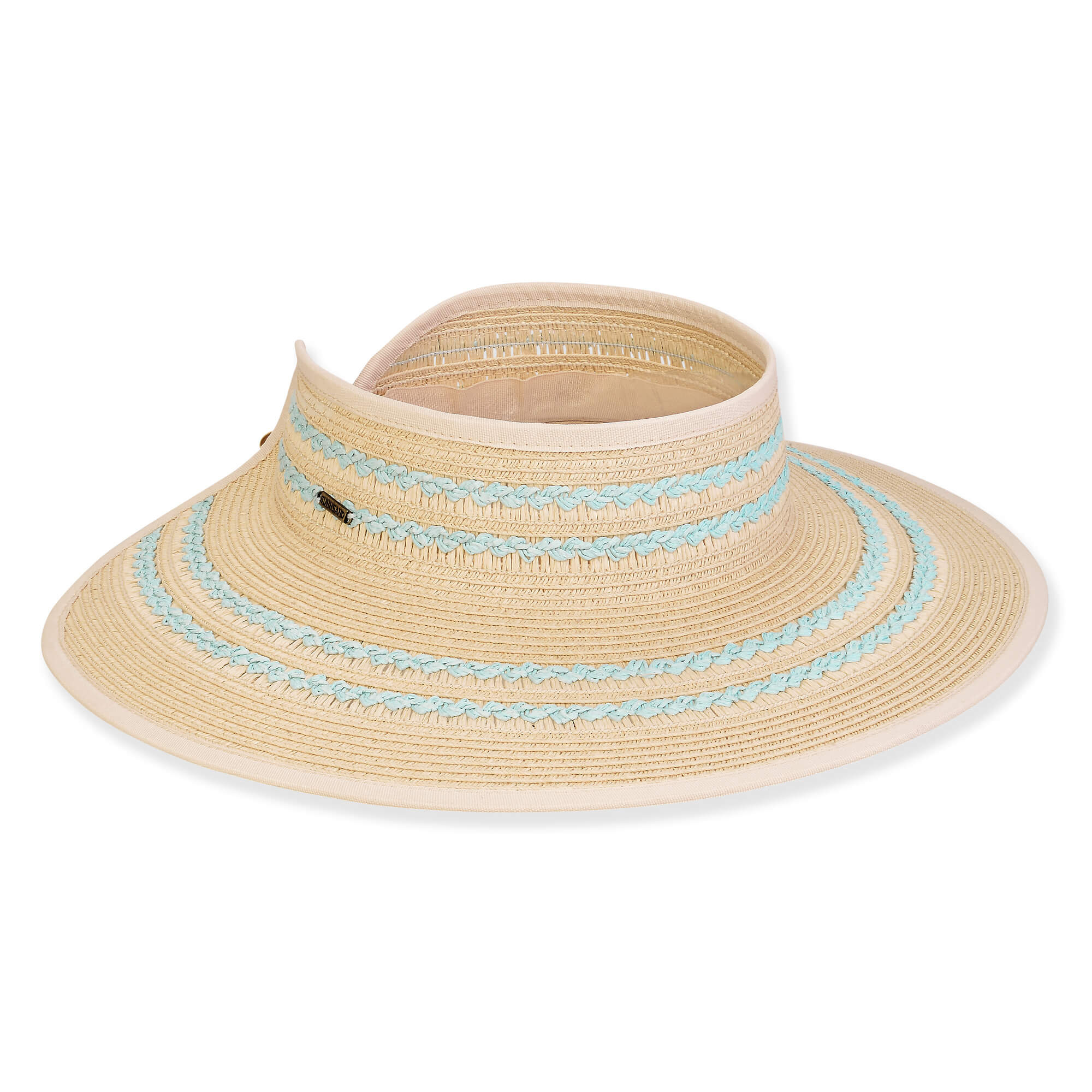 Three-quarter view of a tan woven sun visor featuring two decorative turquoise braided bands and a wide brim.