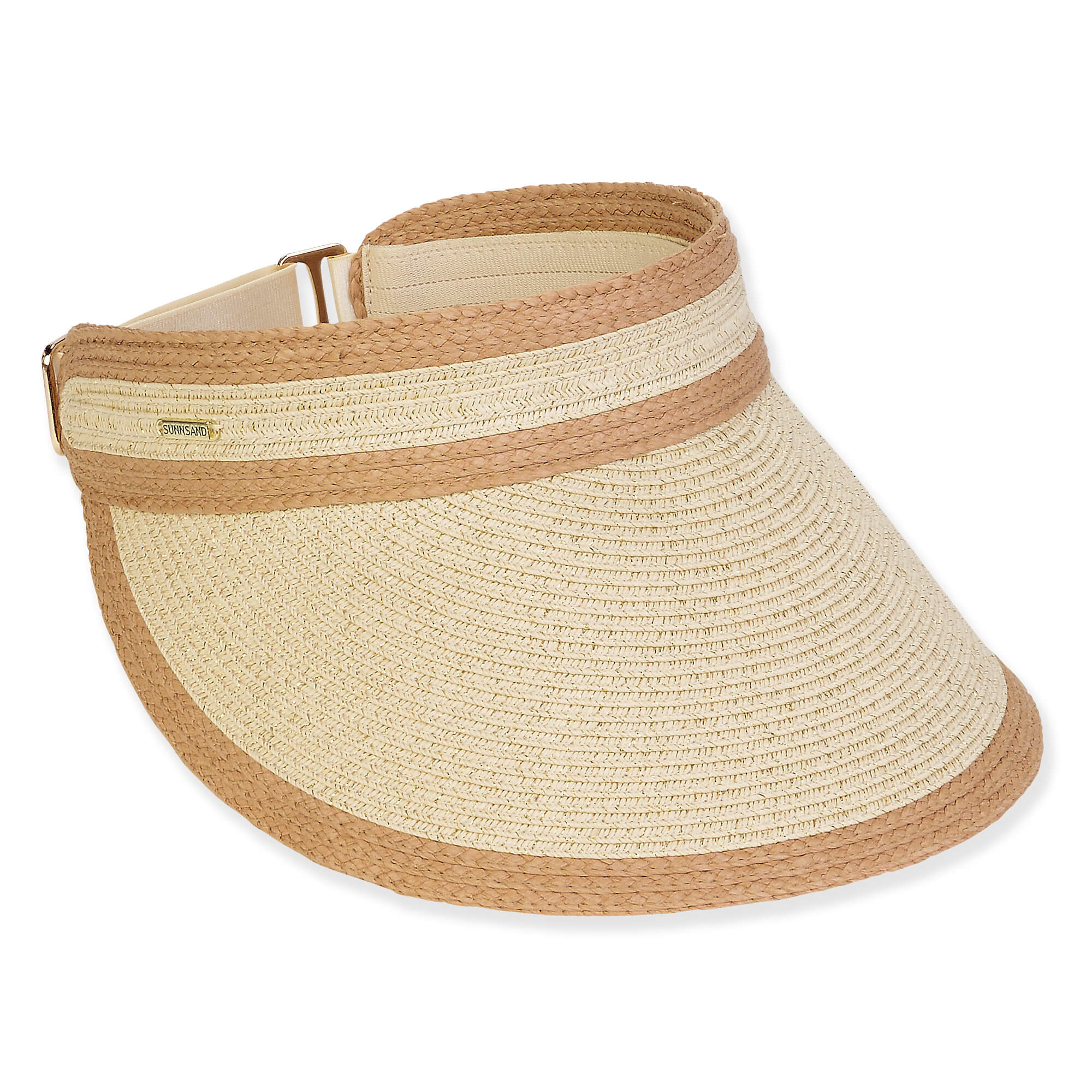 Three-quarter view of a white woven sun visor featuring a wide brim, tan trim, and adjustable gold buckle.