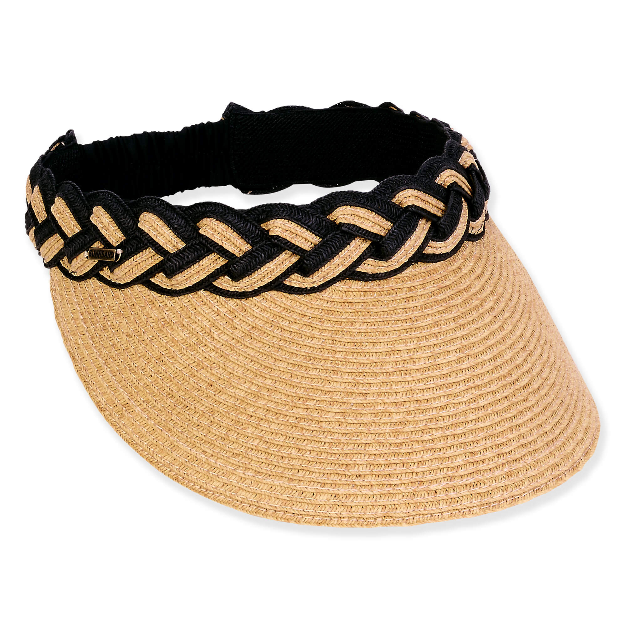 Three-quarter view of a tan woven sun visor featuring a black and tan braided crown band and elastic back