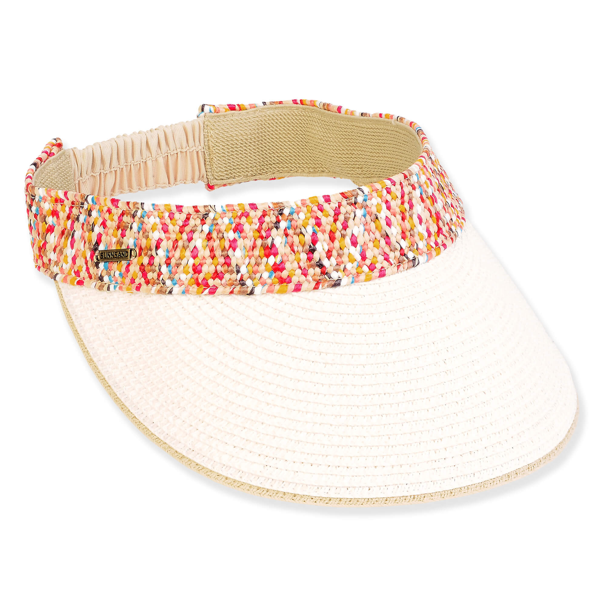 Three-quarter view of a white woven sun visor featuring a colorful confetti-patterned crown band and elastic back.