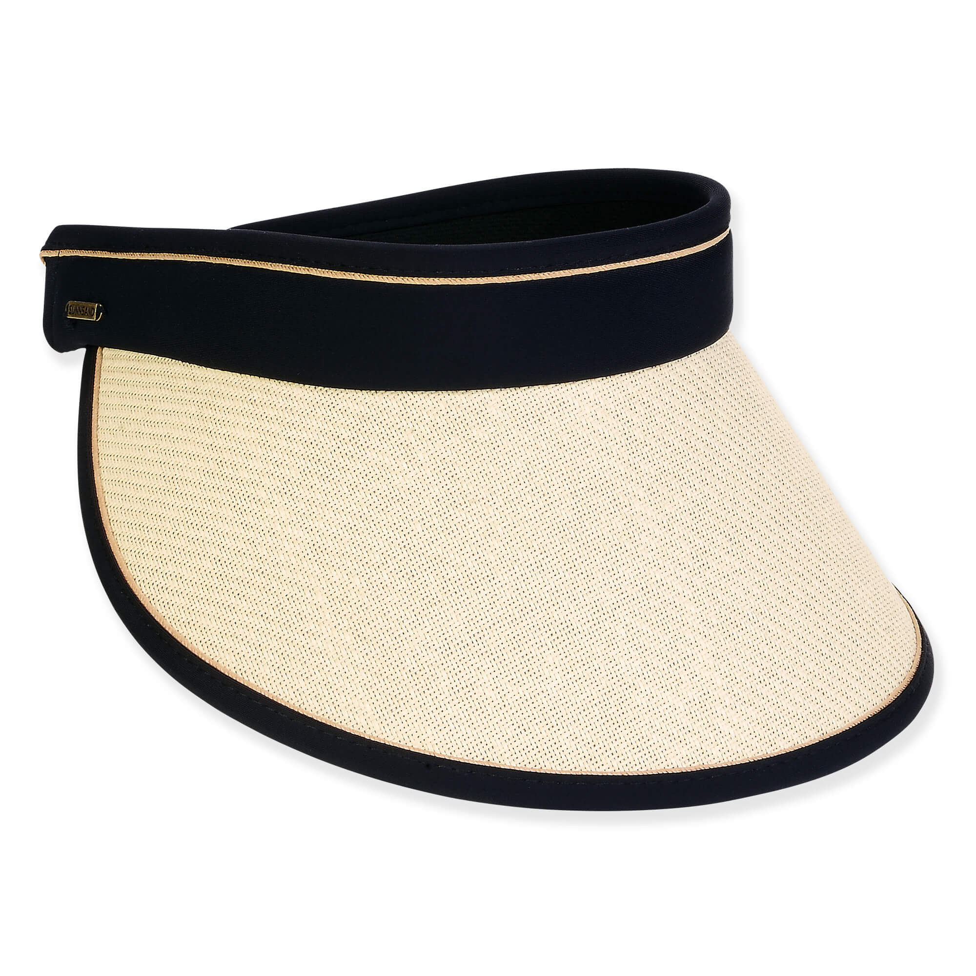 Three-quarter view of a tan woven sun visor featuring a wide brim and contrasting black trim with gold piping.