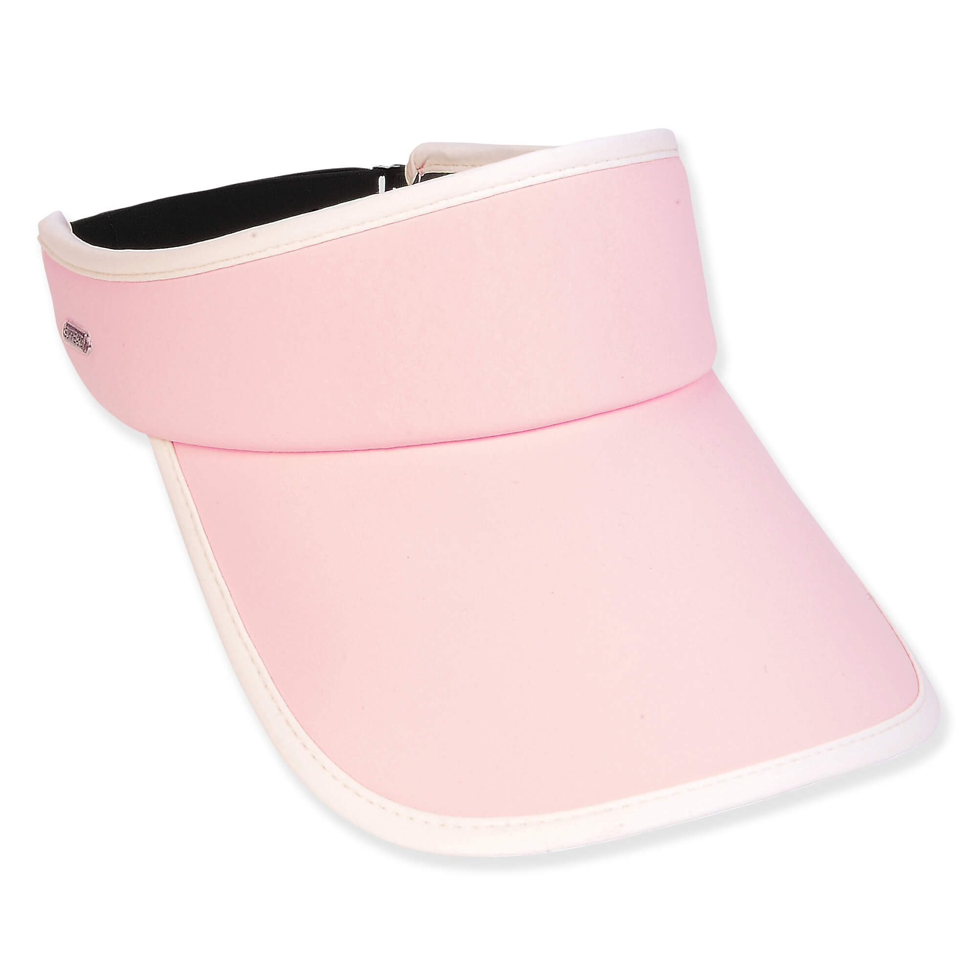 Three-quarter view of a light pink woven sun visor featuring a wide brim and contrasting white trim along the edges.