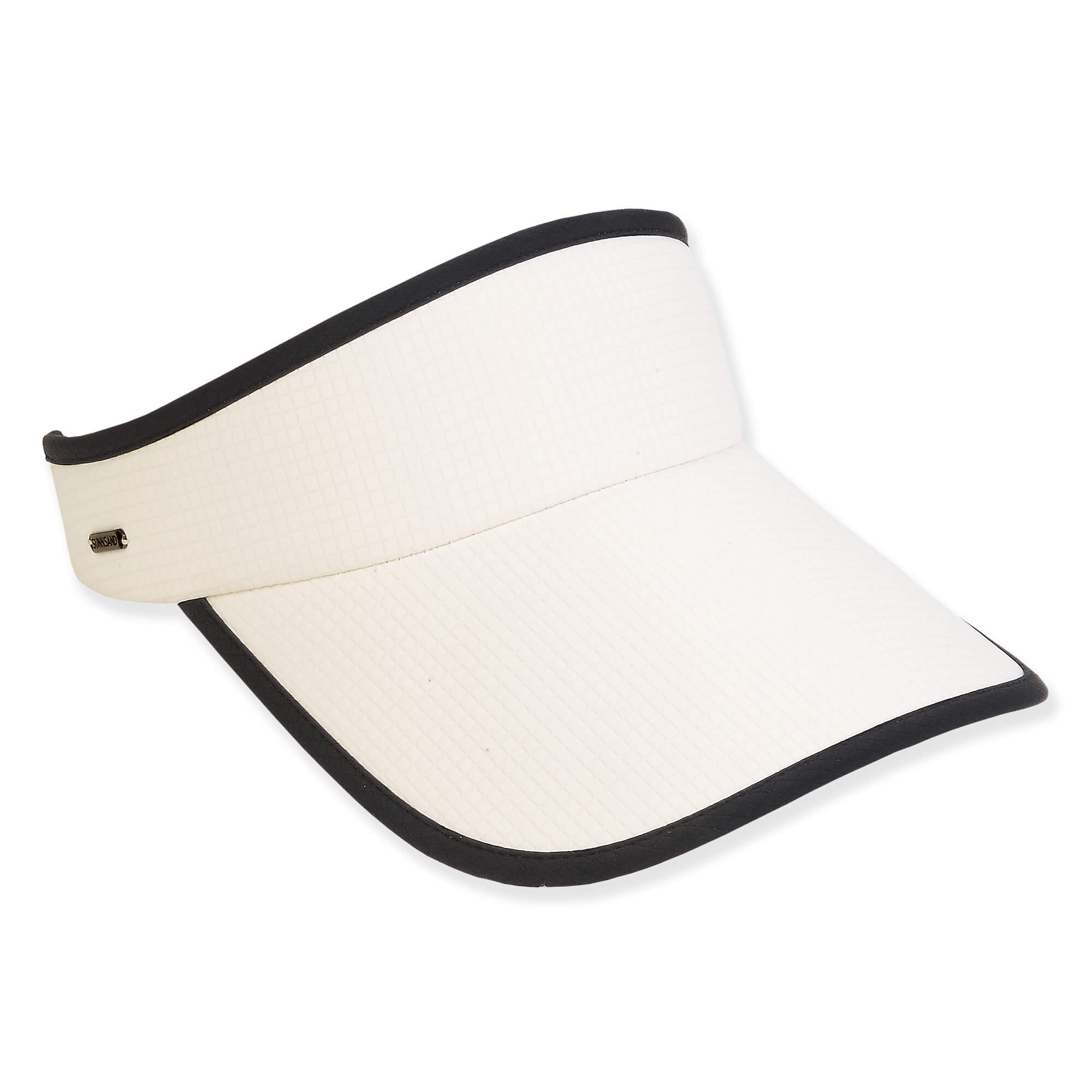 Three-quarter view of a white woven sun visor featuring a wide brim and contrasting black trim along the edges.