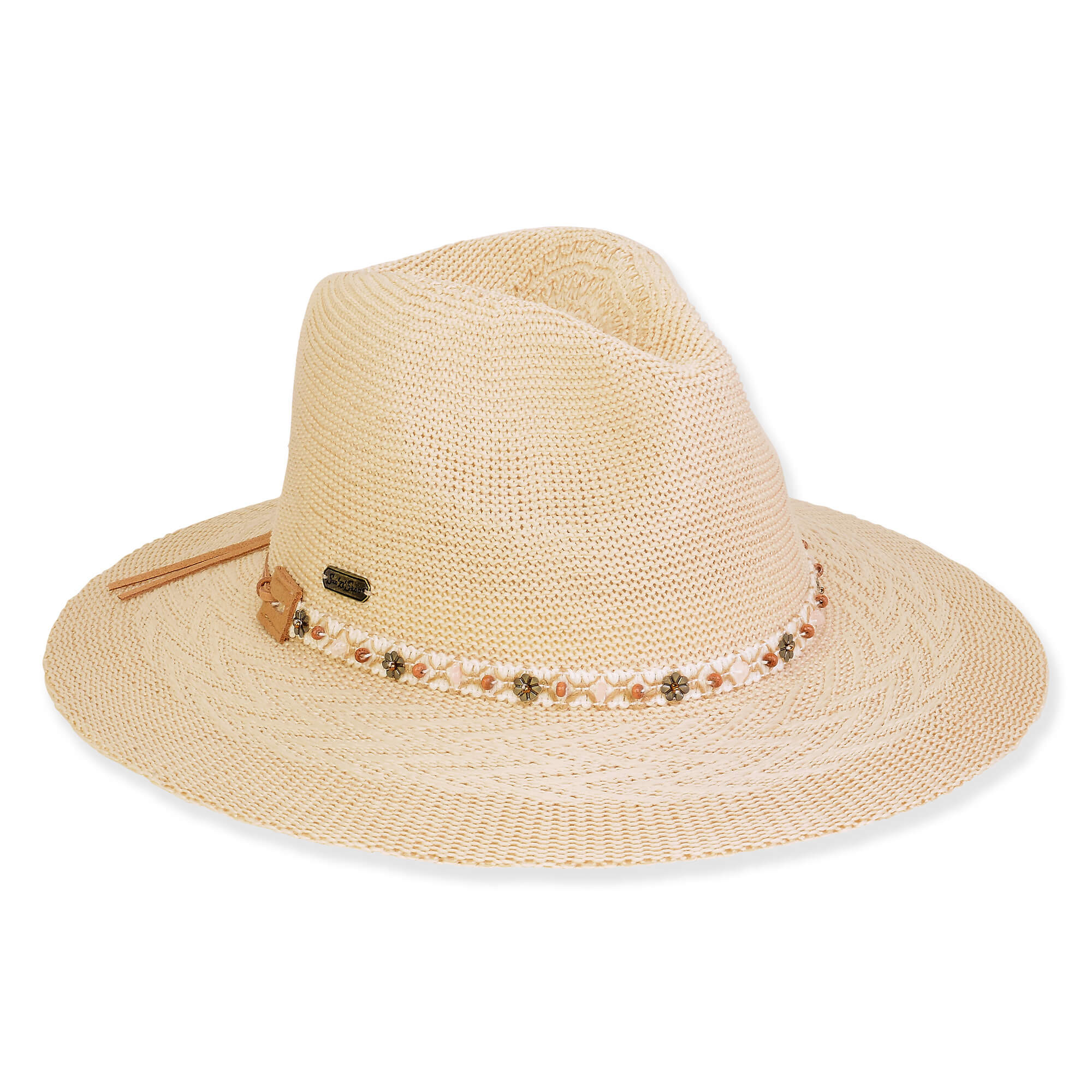 Three-quarter view of a tan woven straw fedora featuring a beaded crown band, decorative side ties, and a wide brim.