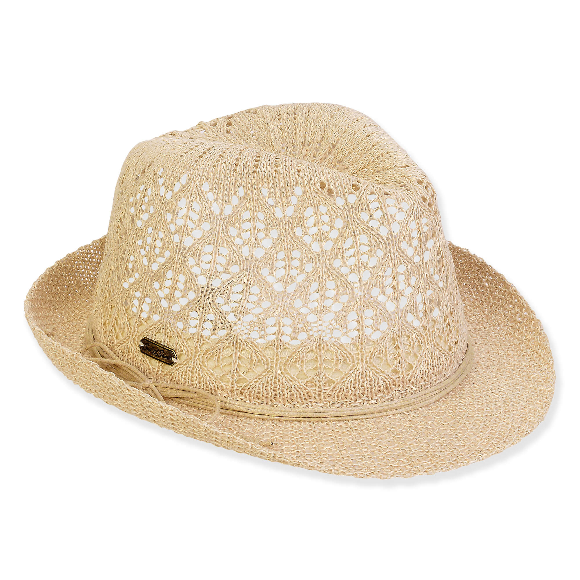 Three-quarter view of a tan straw fedora featuring a white floral patterned crown, thin cord band, and short upturned brim.