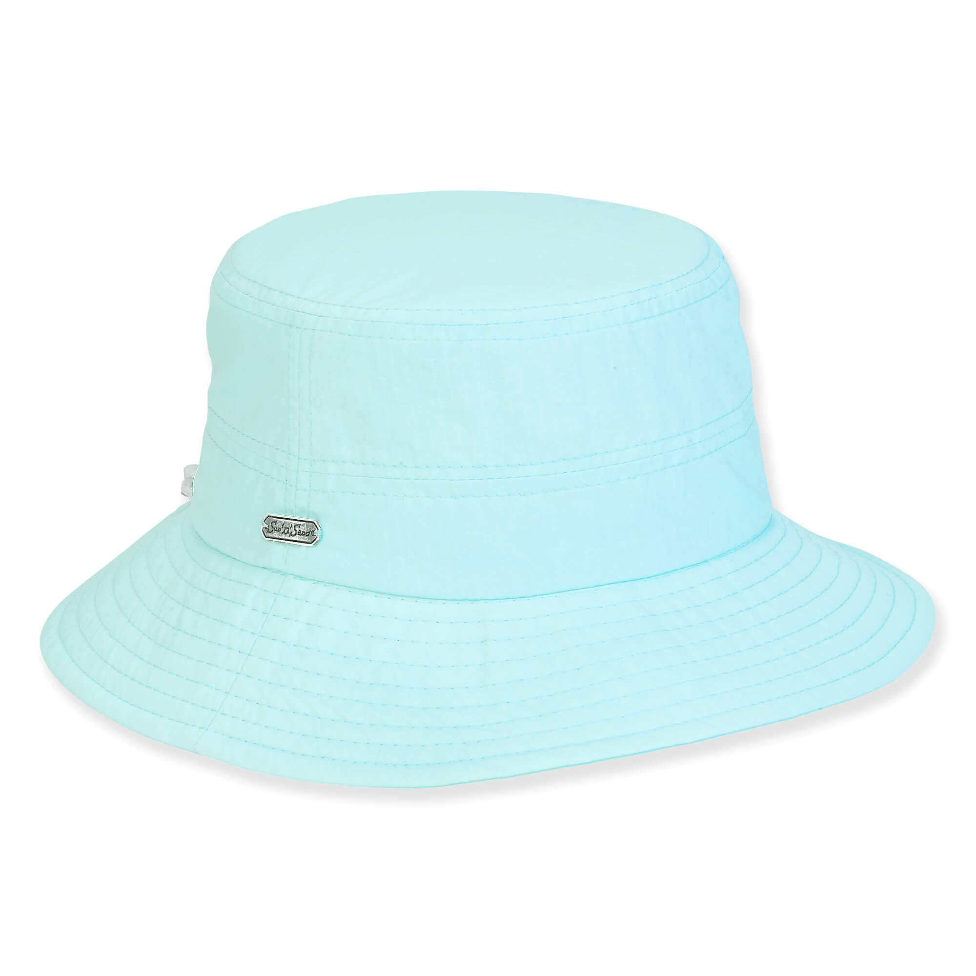 Three-quarter view of a light blue wide-brim sun hat featuring textured canvas fabric, topstitching details, and silver hardware.