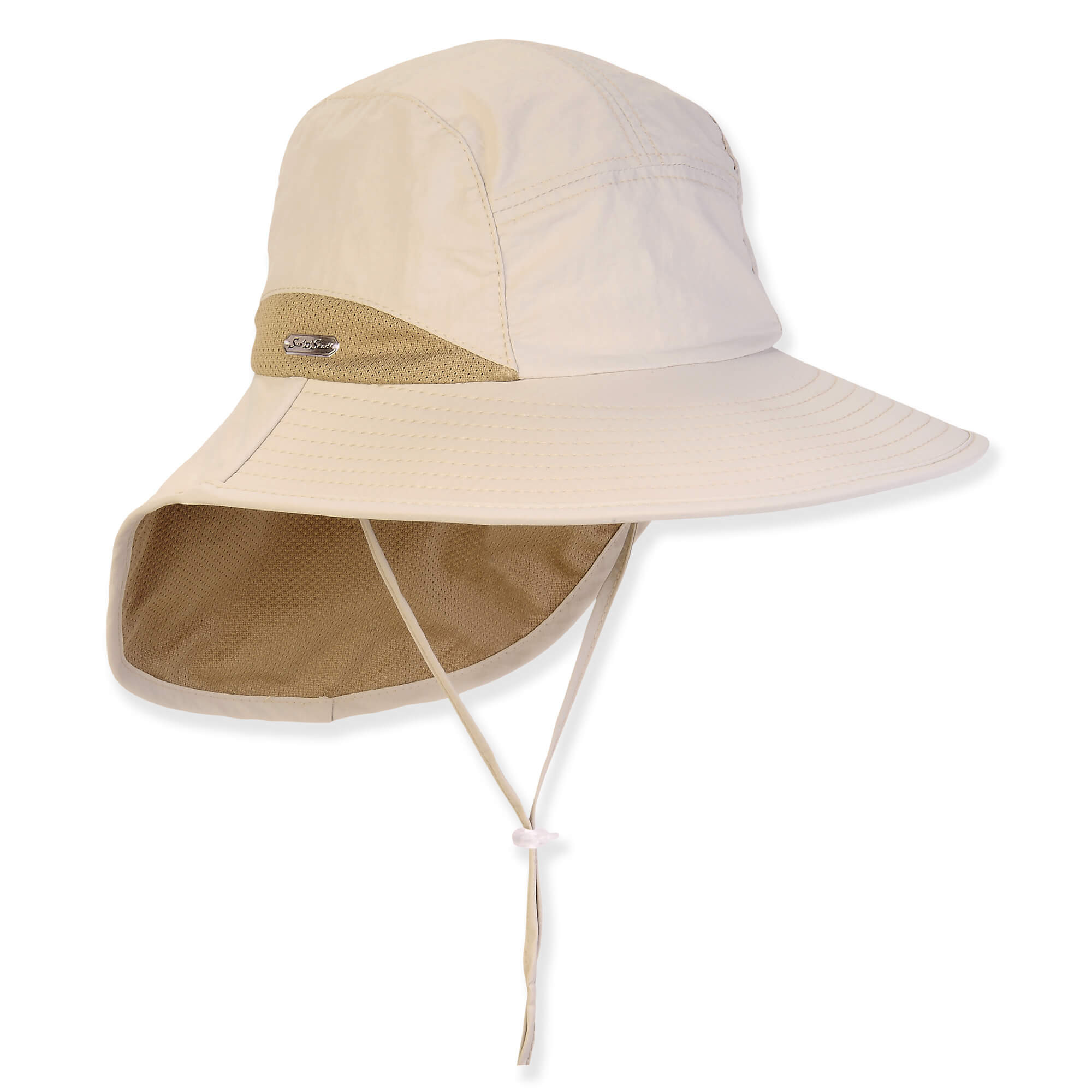 Side profile of a cream sun hat featuring a tan neck cape, adjustable chin strap, and wide protective brim.