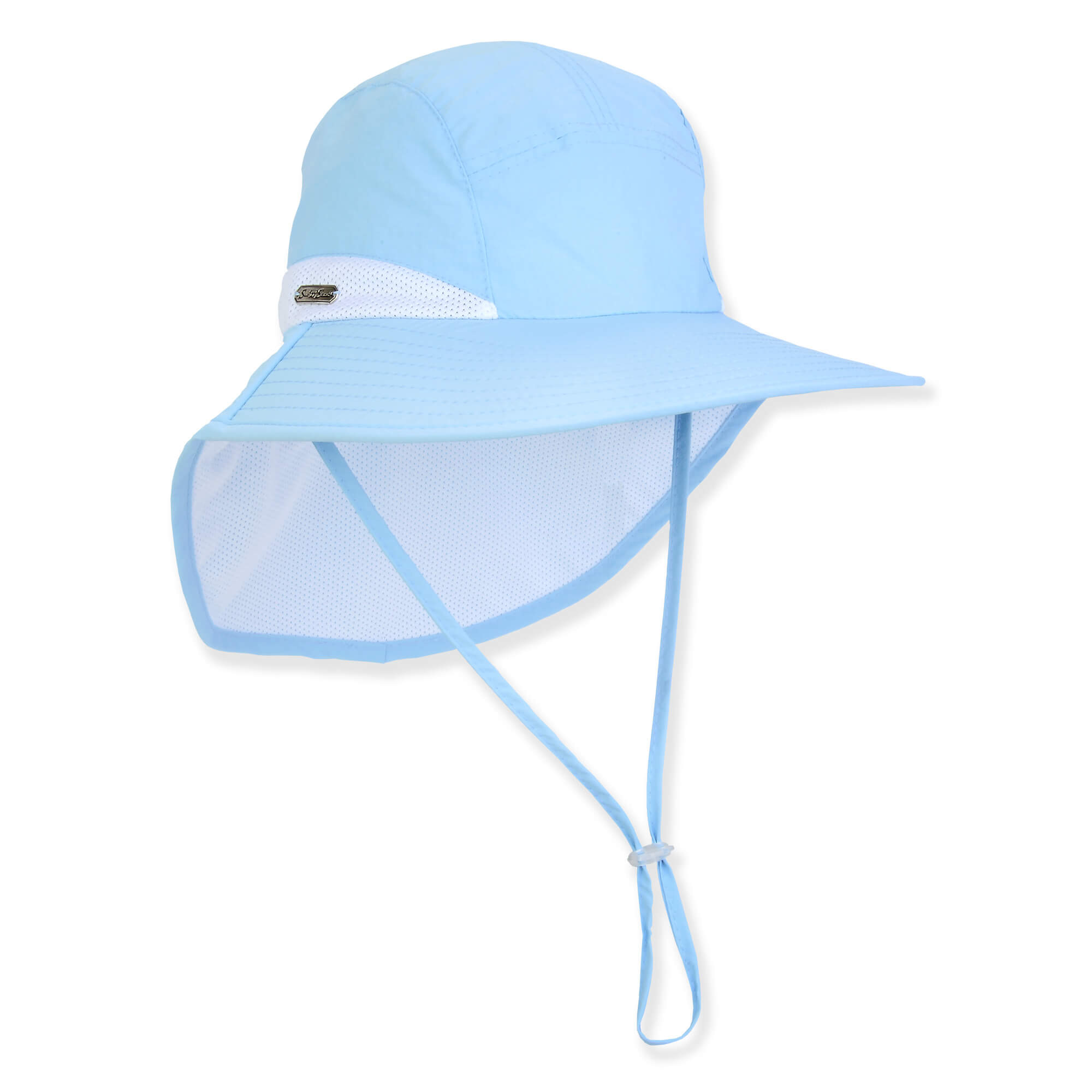 Side profile of a light blue sun hat featuring a white mesh neck cape, adjustable chin strap, and wide protective brim.