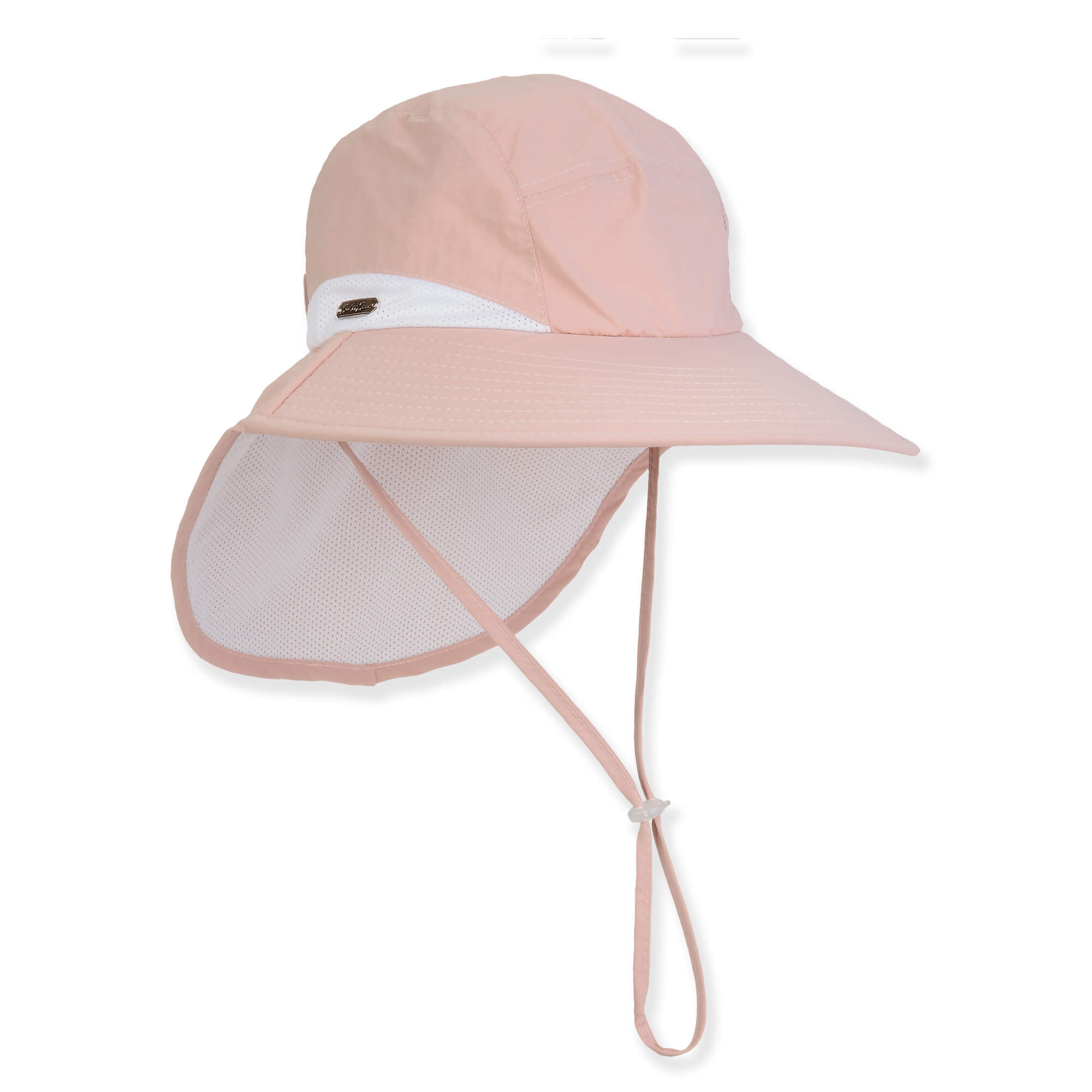 Side profile of a peach sun hat with a white mesh neck cape, chin strap, and wide protective brim.
