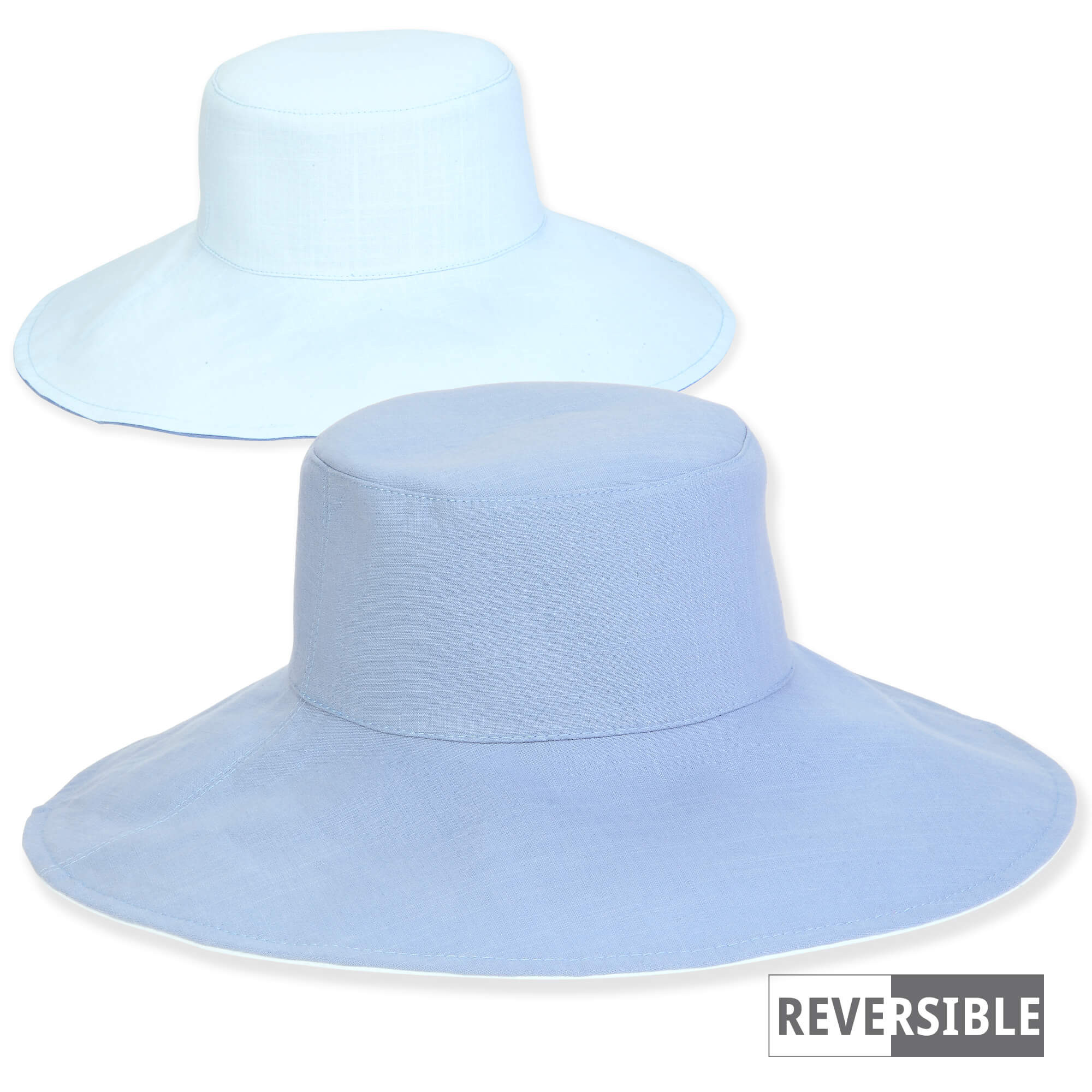 a reversible sun hat showing light blue and periwinkle canvas textures with a wide, flexible brim.
