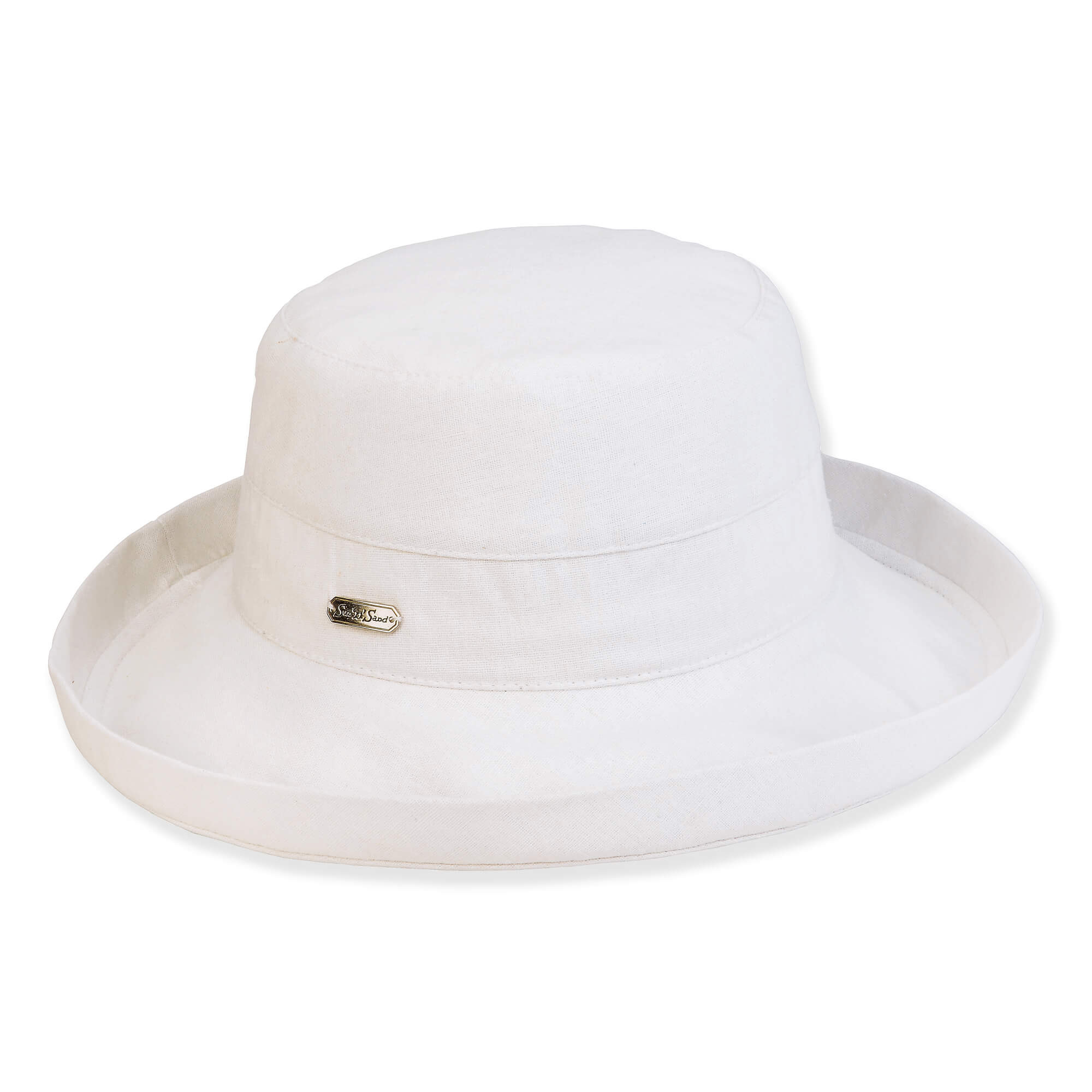 Front view of a white sun hat crafted from textured canvas, featuring a wide upturned brim and silver logo hardware.