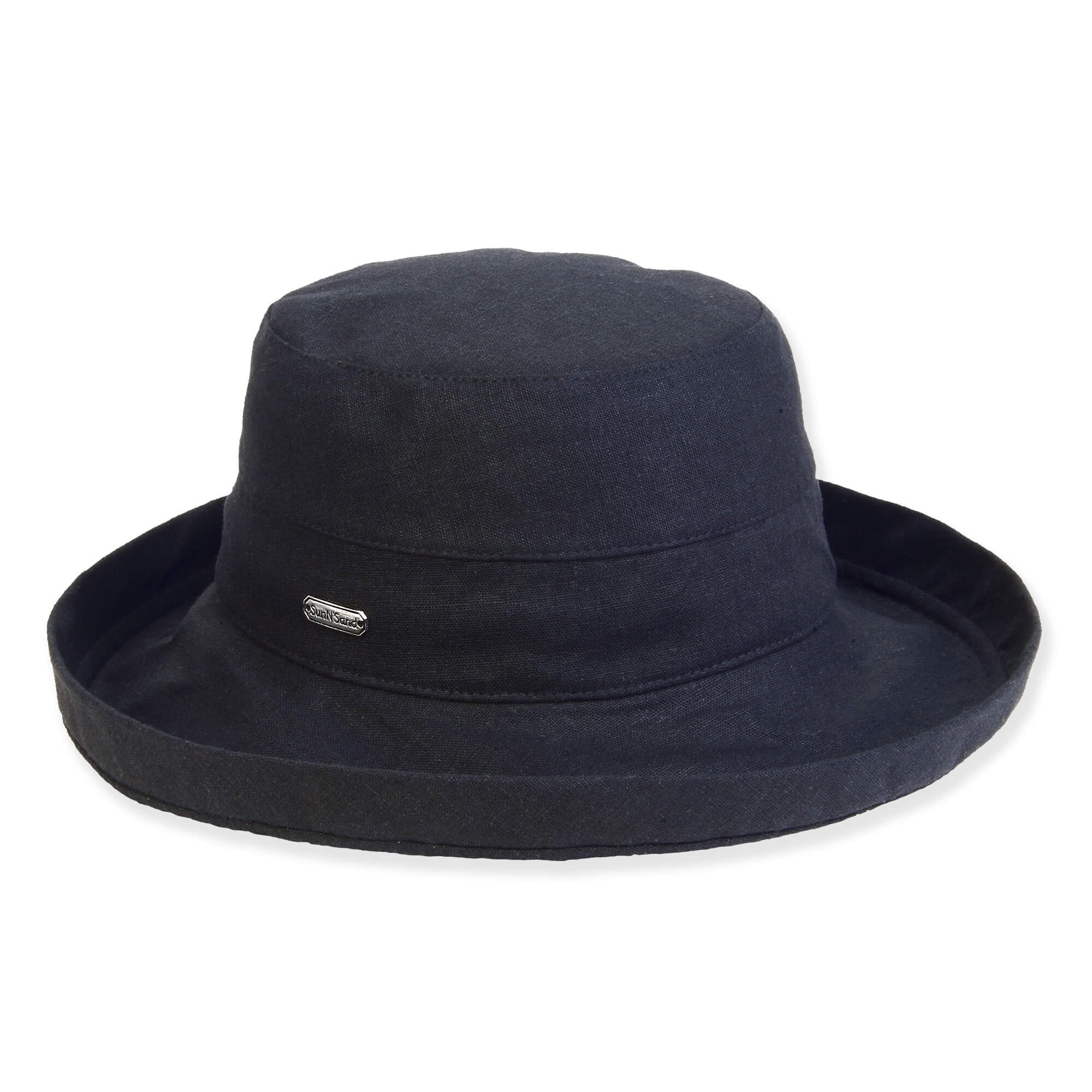 Front view of a black sun hat featuring textured canvas fabric, wide upturned brim, and a small silver metallic logo.