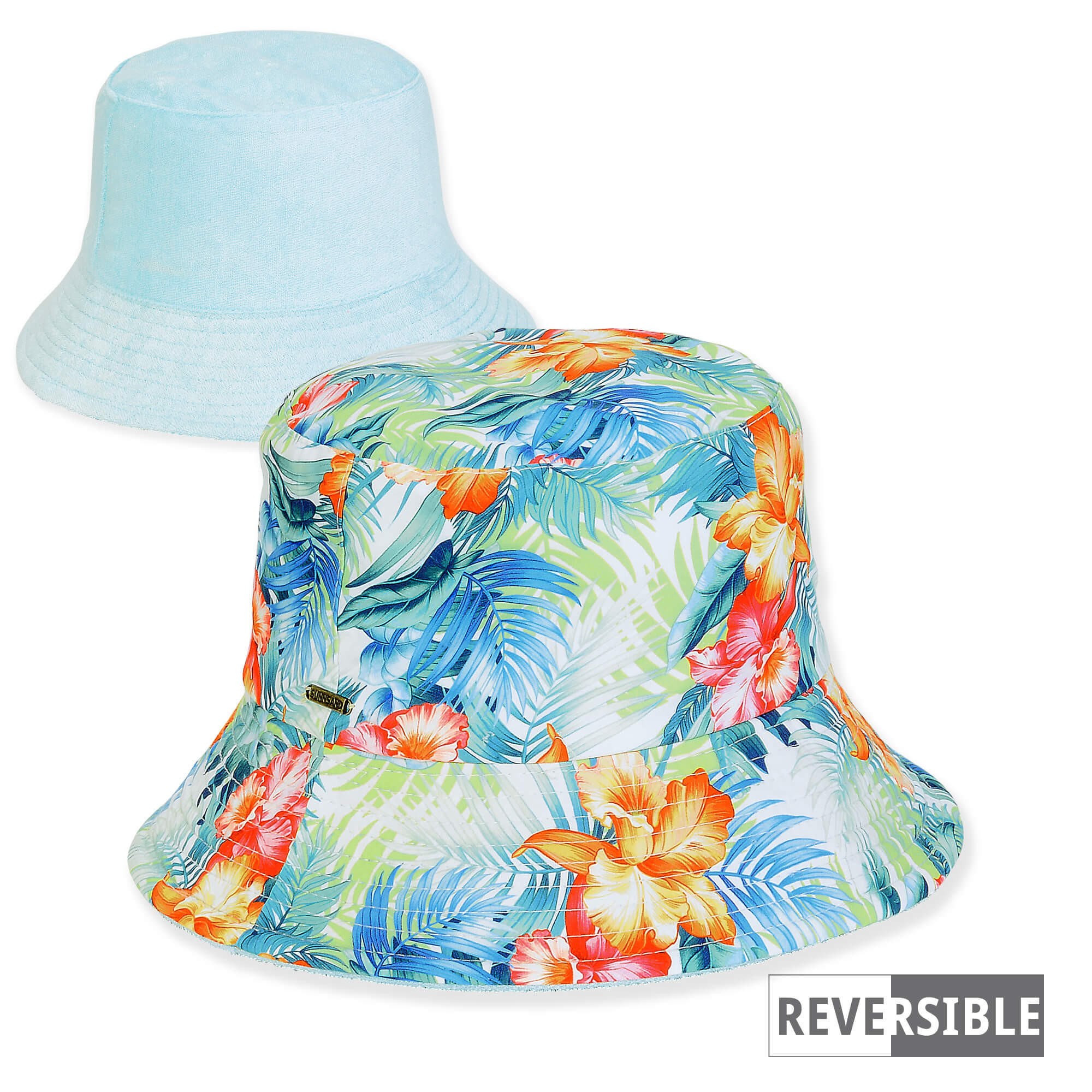 Front view of reversible bucket hat featuring solid light‑blue exterior and vibrant tropical floral interior with multicolor leaves and flowers