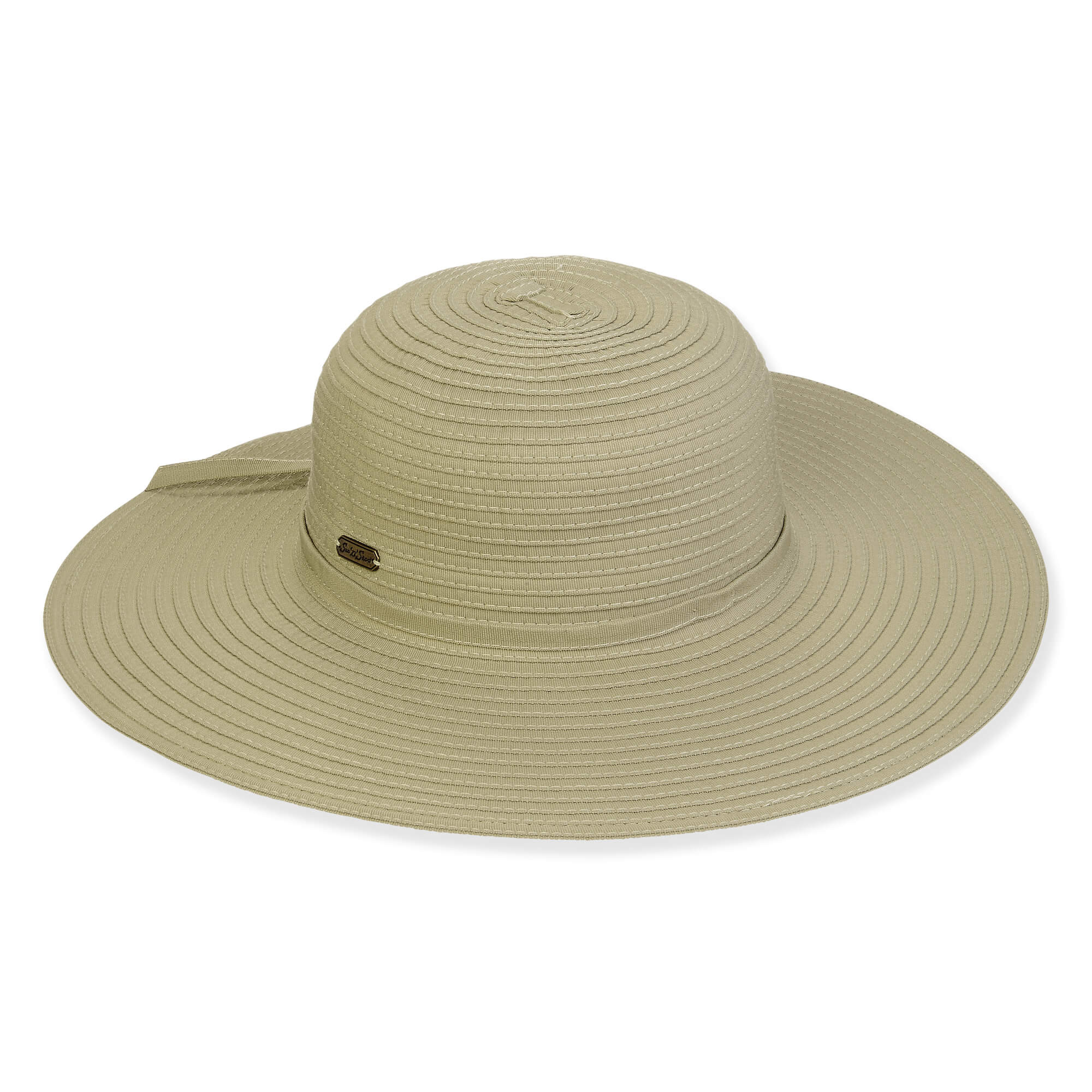 Front view of light beige woven straw sun hat featuring extra‑wide brim, rounded crown, and small rectangular side tag near the base.